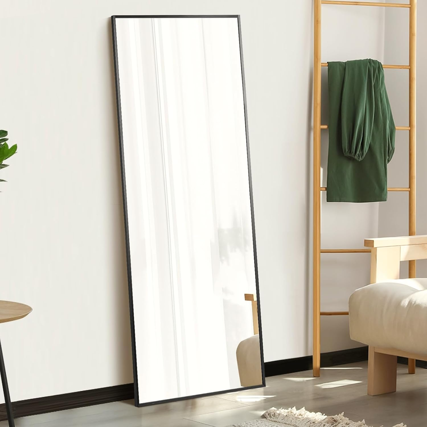Oikiture 166 X 60Cm Full Length Mirror with Aluminium Frame and Non-Slip Edge Rectangle Floor Standing Mirror for Home Living Room Black