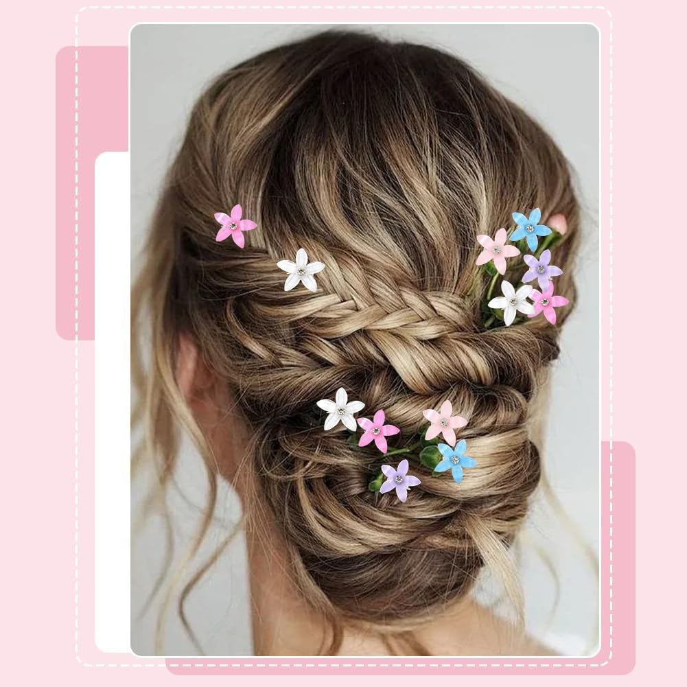 SUNNYCLUE 1 Box 30Pcs 5 Colors Flower Hair Clips Cute Hair Clips 5 Petal Flowers Hairpin with Rhinestone Resin Floral Barrettes Pins for Braid Accessories DIY Crafts Decoration Wedding Party Women