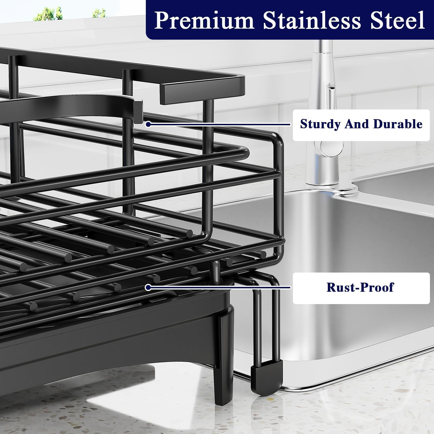 Koreal Dish Drying Rack, Extendable Dish Racks for Kitchen Counter, Stainless Steel Kitchen Drying Rack with Cutlery Holder, Movable Black Dish Drainer with Drainboard & Drainage Spout image number 4