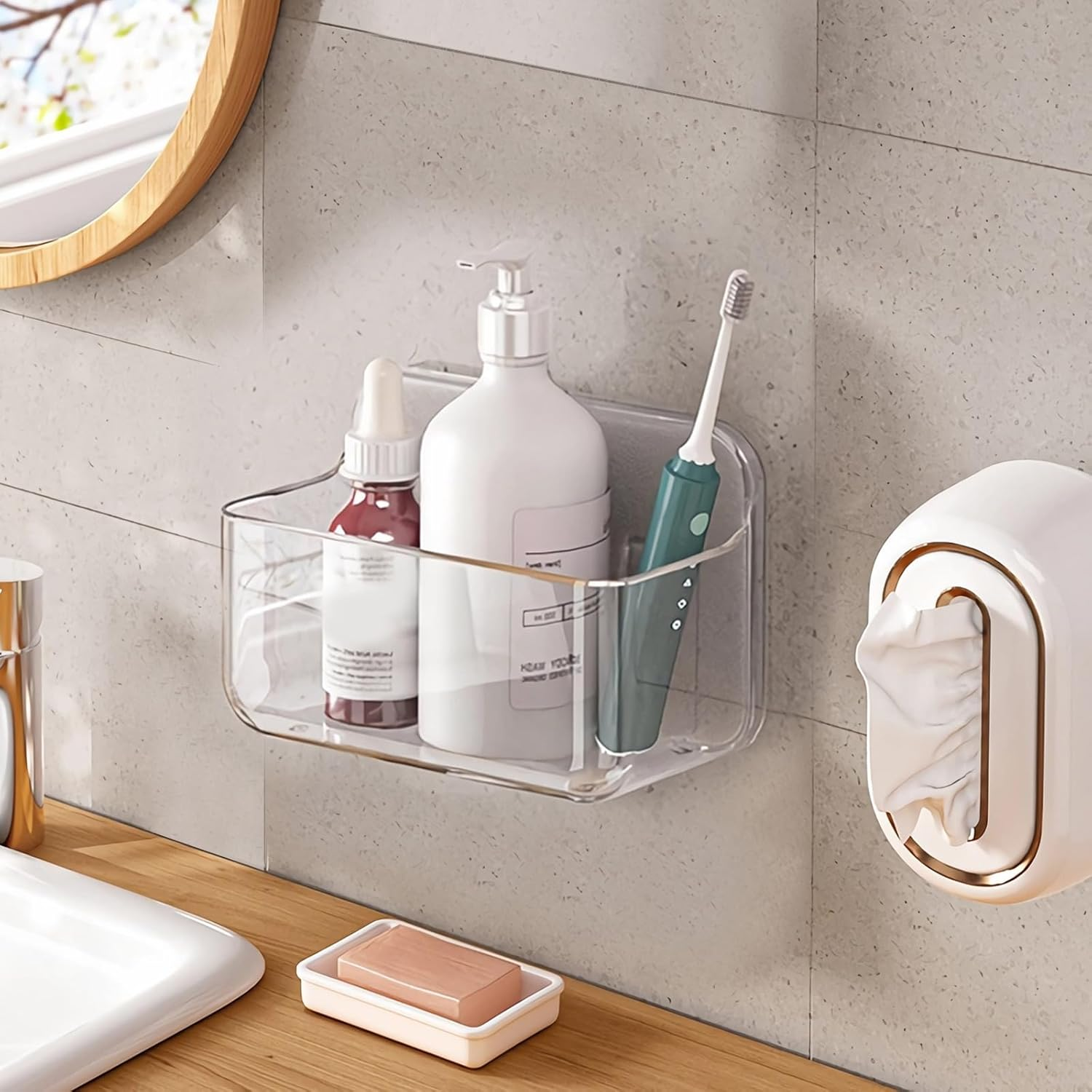 Diesisa Acrylic Wall Mounted Shower Caddy, Clear, 12.4" X 3.42" X 3.26" Acrylic Shelf, No Drilling Hang Walls Adhesive Shelf, Acrylic Bathroom Shelves with Self Adhesive Tape for Bathroom, Kitchen