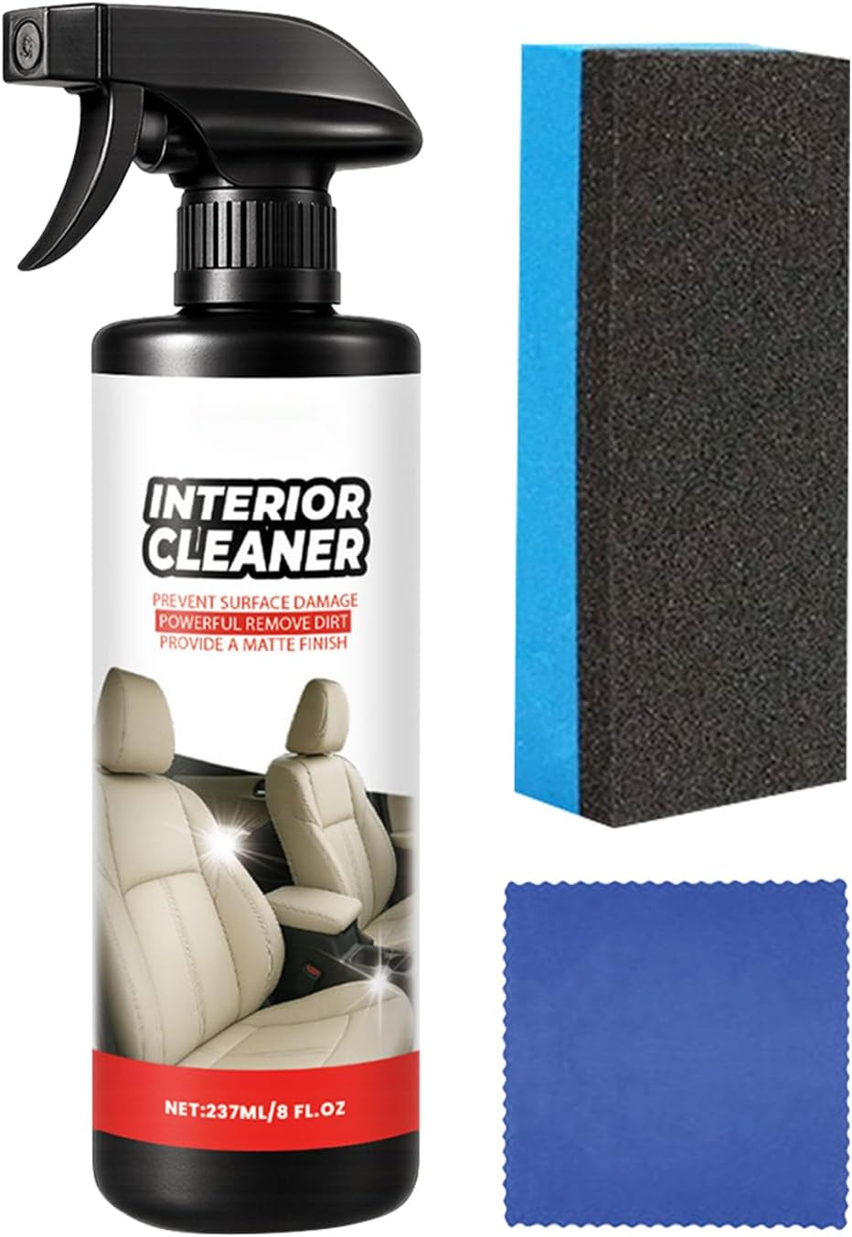 GEUGECY Trim Restorer - Car Seat Upholstery Stain Remover with Cloth and Sponge - 237Ml Automotive Cleaning Spray Agent for Leather Seat Trim Central Console Door Steering Wheel
