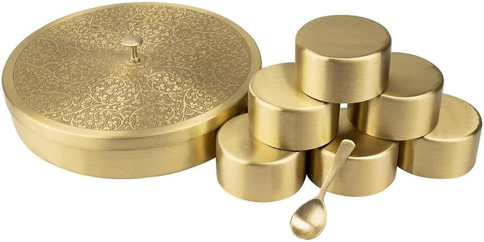 KAM HOME Brass Masala Box Set with Brass Spoon Container 90 Ml-Food Spice Storage Rack Indian Spice Boxes Storage Box Masala Dani Brass Masala Dabba -Kitchen Storage Spice Rack (8-INCH) image number 2