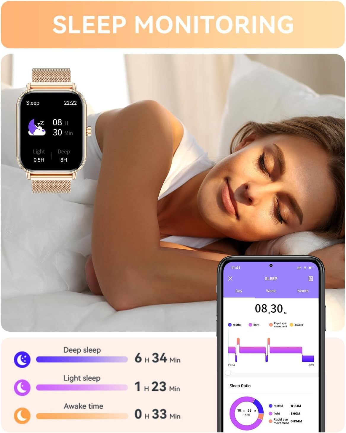 Smart Watch for Women Men, Fitness Tracker Watch for Android Phones Iphone Compatible, 1.85" Smart Watches for Women Men with Blood Pressure, Heart Rate Monitor, 110+ Sport Modes Smartwatch (2 Strap) image number 5