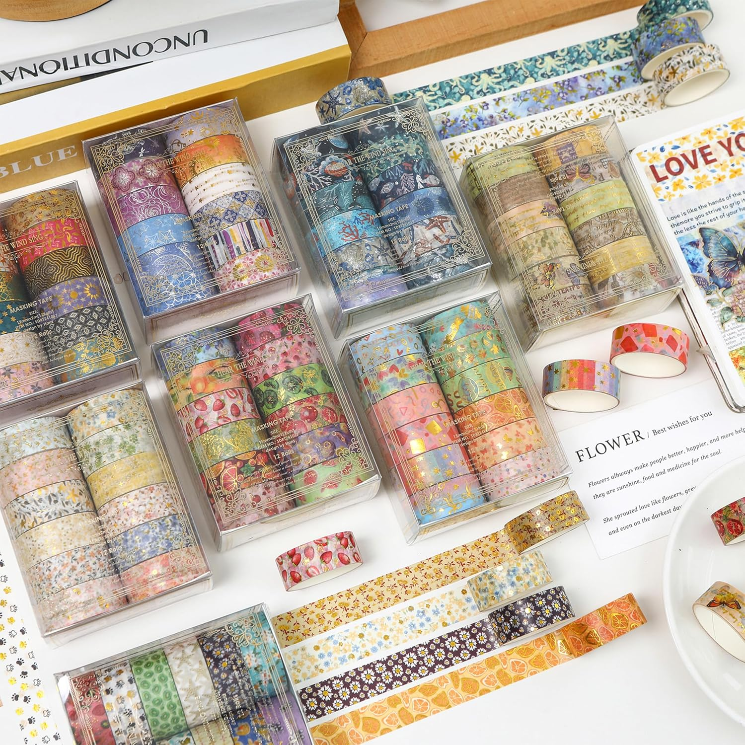 Songdao 12 Rolls Charming Washi Tape Set Gold Silver Foil Detailing Arts Adhesive Tapes Basic Patterns Decorative Masking Tape Sets for Craft, Kids, Scrapbook, DIY, Gift Wrapping (Whimsical Pastels) - Fruits Feast image number 6