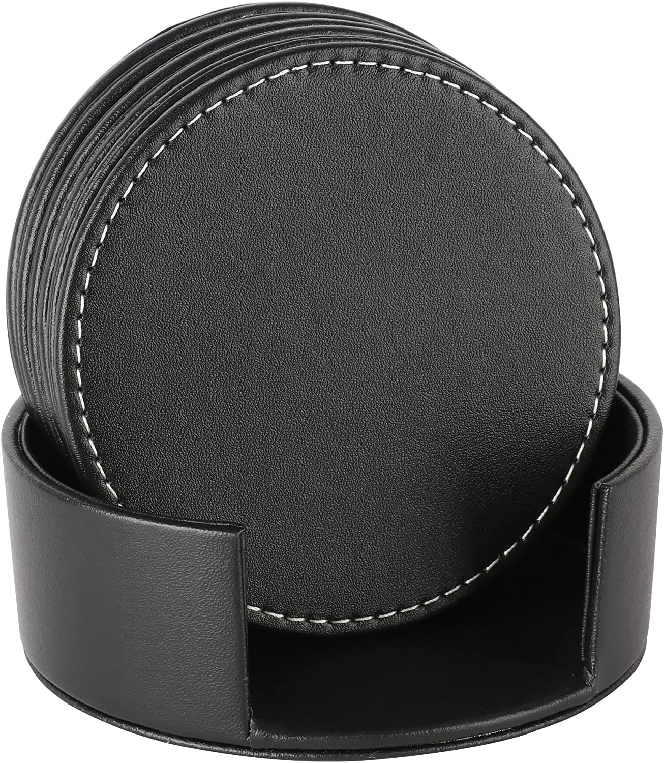 CARLWAY Set of 6 Leather Drink Coasters round Cup Mat Pad for Home and Kitchen Use Black, 3.94", 10Cm,