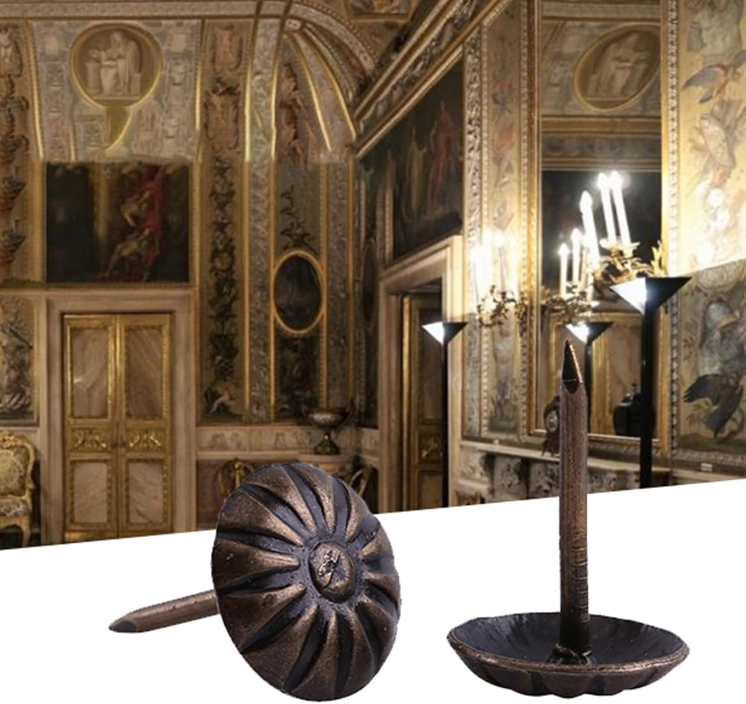 Joyzan Upholstery Decorative Tack, Vintage Furniture Nails Pins round Dome Head Sofa Thumb Tacks Antique Brass Push Trim Nailhead Kit for DIY Home Decor Chair Bed Cork Board Upholstered Wood 100Pcs image number 3