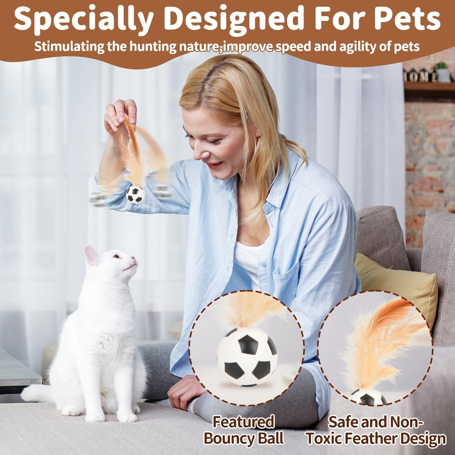 DAMIGHT 3Pcs Cat Bouncy Ball with Feather, Cat Toys Ball Feather Toy for Indoor Cats, Mini Basketball Soccer Toys for Exercise, Bouncy Balls Toys Pet Toys for Cats, Kitten (A) image number 6