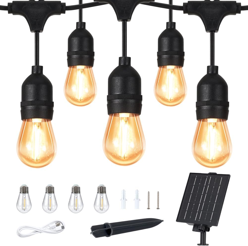 ZUNI Solar Festoon Lights Outdoor, 15M Solar String Lights with 15+4 LED Shatterproof Bulbs, IP65 Waterproof, 8 Light Modes, Dimmable Solar Light for Camping Garden Backyard