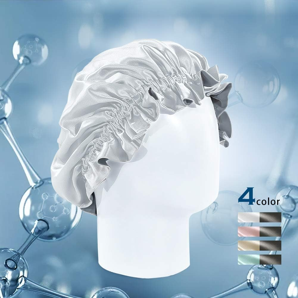 THXSILK Silk Bonnet for Women Girls, 100% 22 Momme Mulberry Silk with Hyaluronic Acid, Double Layered, Durable and Deep Hydration, Adjustable Elastic Night Cap for Hair Care - L, Light Blue & Grey image number 4