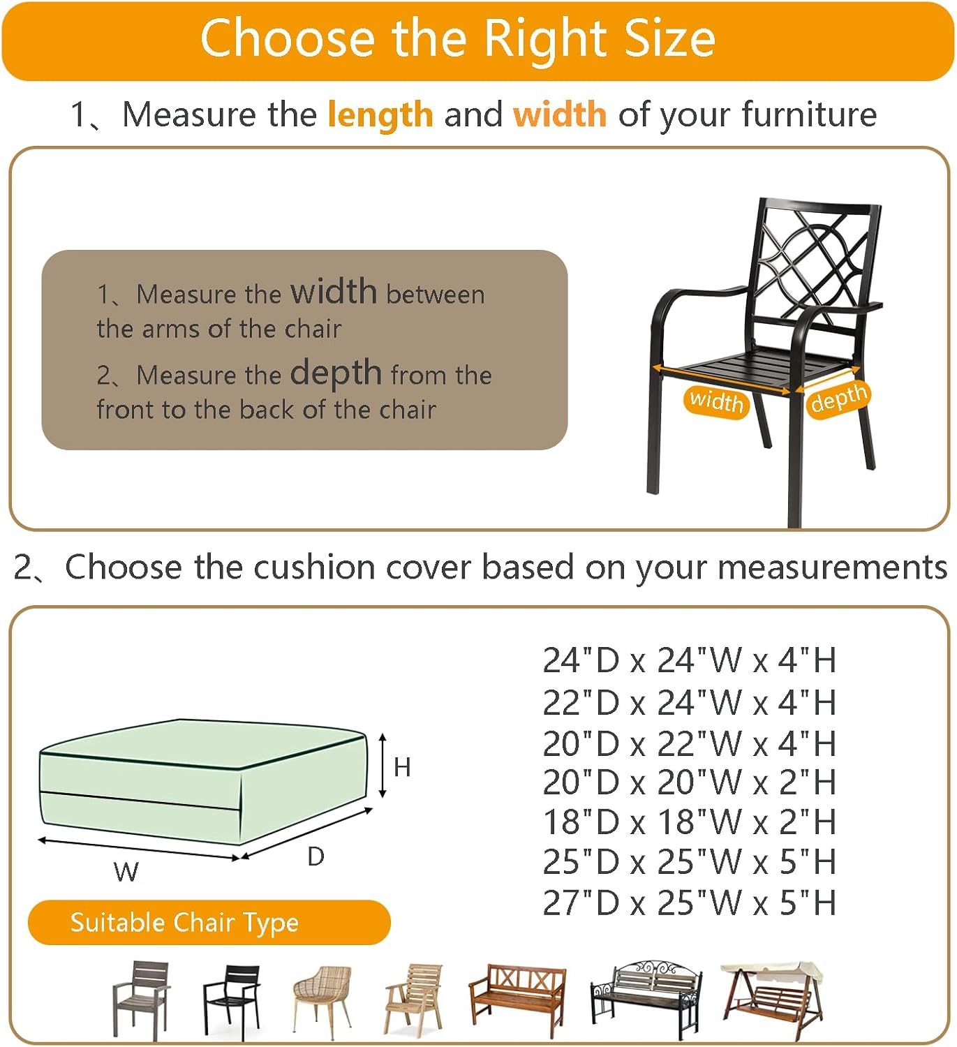 Oslimea Outdoor Patio Cushion Covers Replacement 25X27X5 Inch 2Pack Patio Furniture Cushion Seat Cover Waterproof Washable Sofa Couch Chair Slipcover Furniture Protector for Indoor Outdoor, Blue image number 4