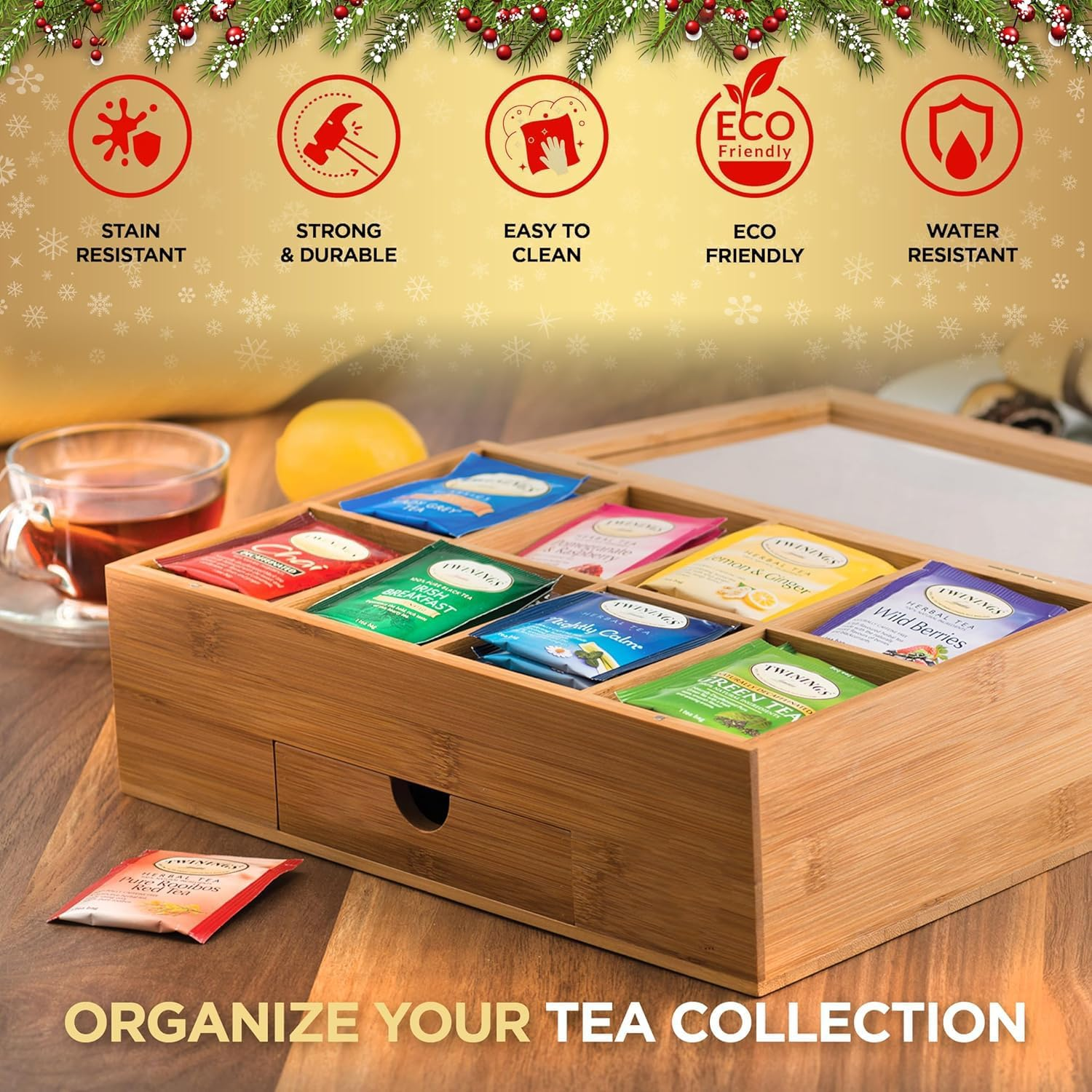 Tea Bag Organizer - Bamboo Tea Box Organizer Storage Box, Tea Bag Holder with Drawer & Acrylic Window, Magnetic Lid Keeps Tea Bags Fresh - Tea Organizer Caddy (Tea Not Included) image number 5