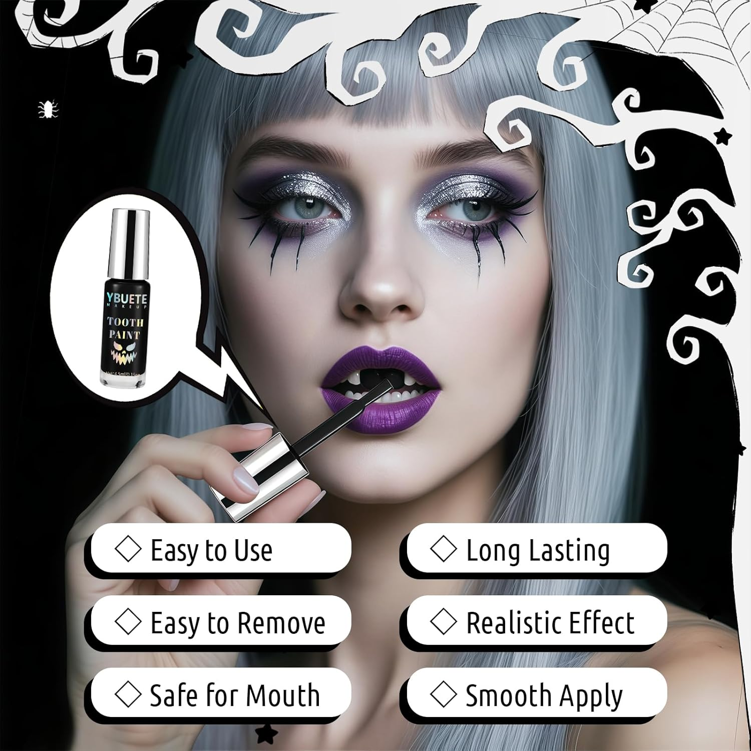 YBUETE Halloween Black Tooth Paint, Temporary Black Teeth Paint for Cosplay, Safe,Quick Dry Realistic, Special Effects Makeup for Theater,Halloween Clown Skeleton Zombie Vampire Costume Makeup image number 5