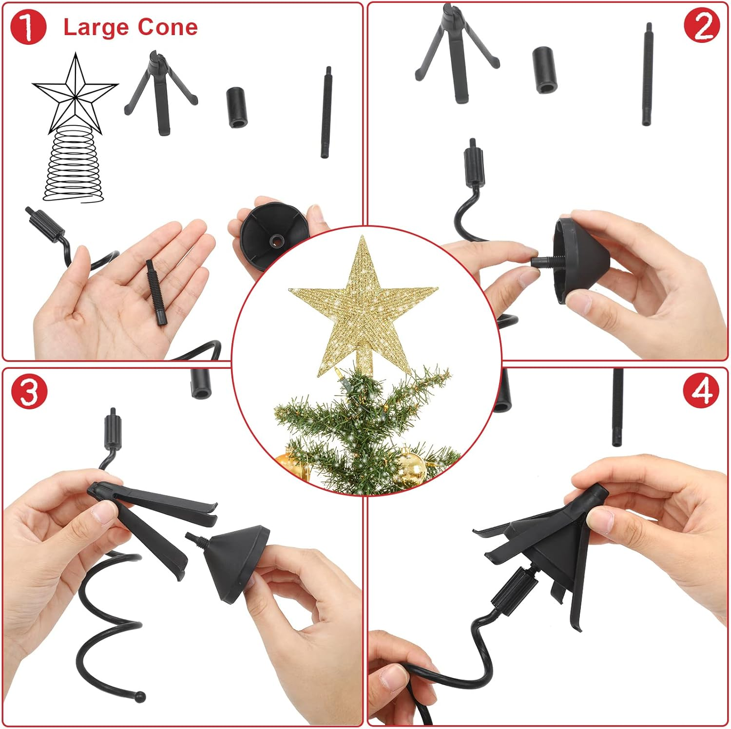 Christmas Tree Topper Holder - Universal Twist-On Stabilizer and Adapter for Floral Toppers - Adjustable Plastic Support Spiral with Attachment (Black) - Green image number 6