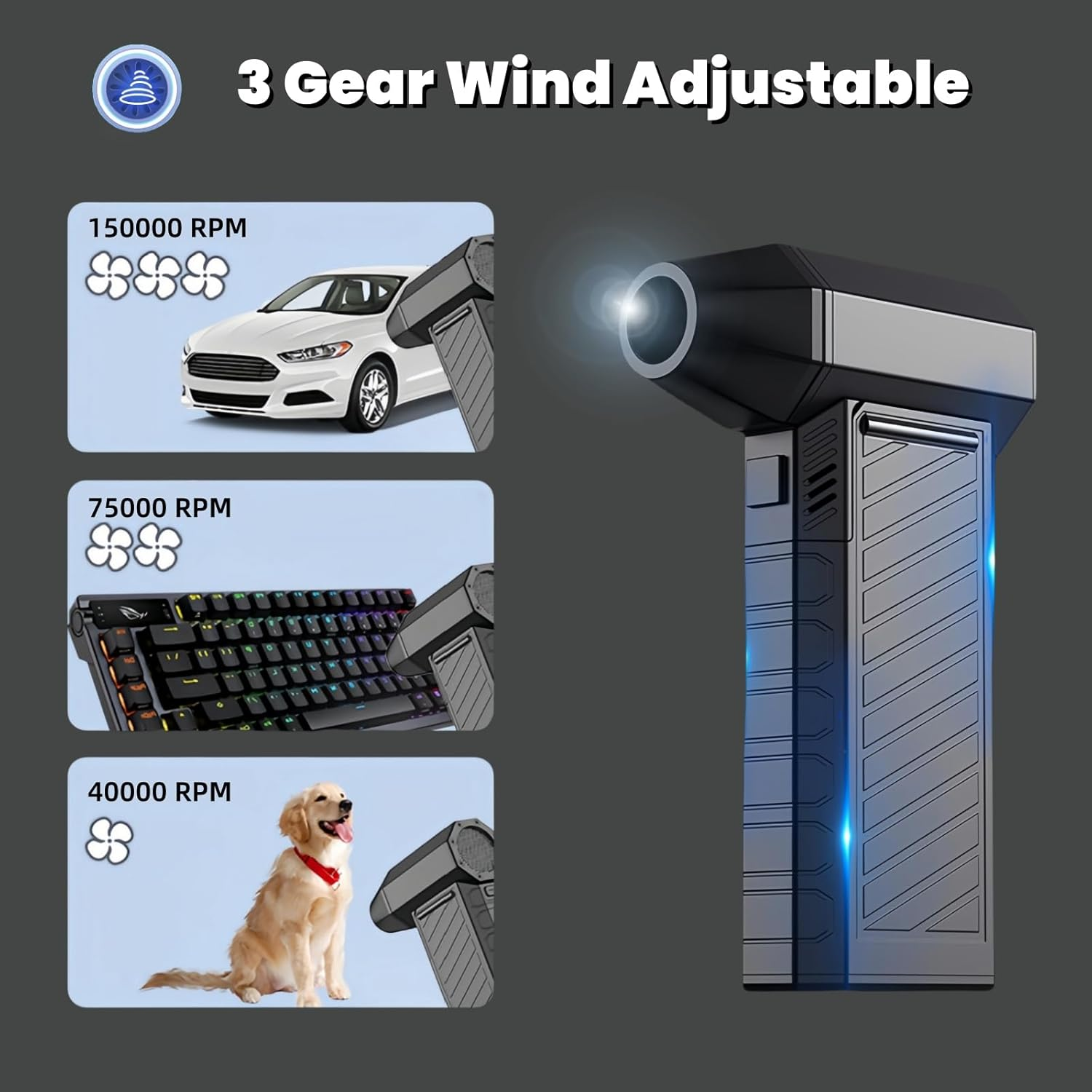 Lecoirrax Compressed Air Duster, 150000RPM Mini Air Blower Turbo Fan, 3 Gear Adjustable High Speed Electric Air Duster with LED Light, Cordless Air Duster for Car Computer Keyboard Office Home Outdoor image number 1