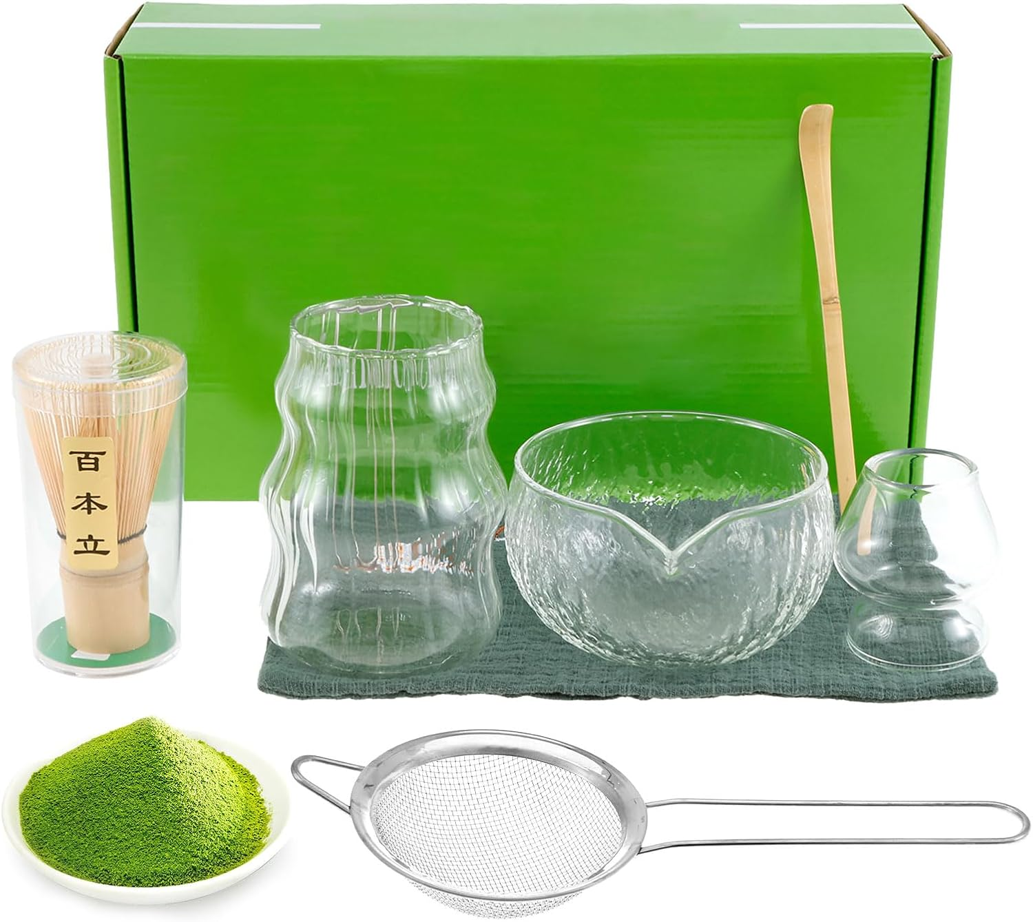 7Pcs Matcha Whisk Set, Clear Glass Japanese Matcha Tea Set Handcrafted Bamboo Matcha Whisk Set with Bowl & Cup & Whisk & Whisk Holder & Sifter for Tea Lovers image number 5
