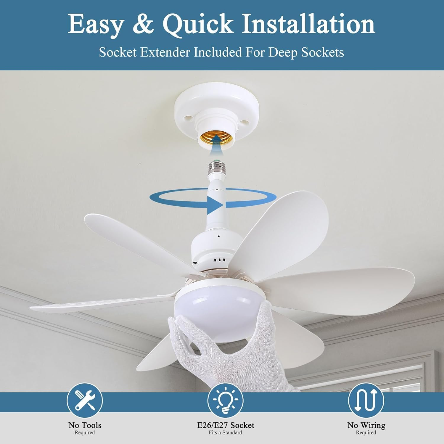 Socket Fan Light with 6 Blades, 3 Color Dimmable & 3 Speeds, 20.5" E27 Base Ceiling Fan with Light for Garage, Bedroom, Bathroom & Kitchen, 40W Screw-In LED Ceiling Fan image number 1