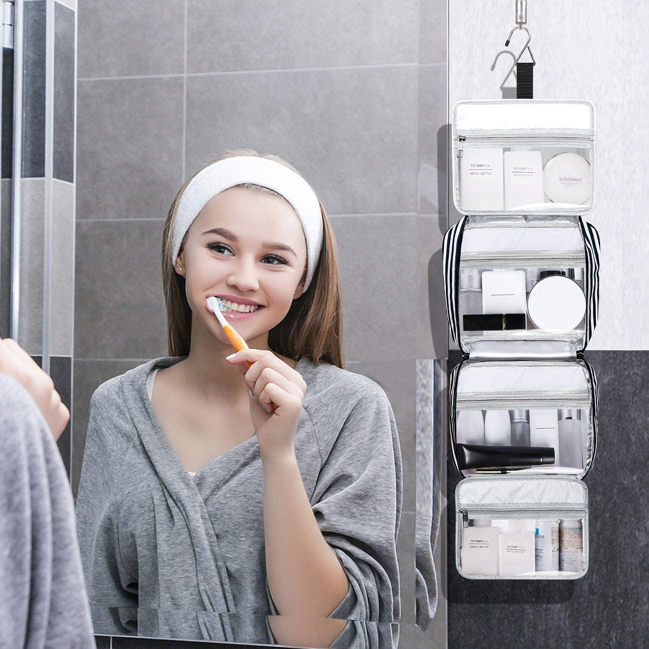 Hanging Travel Toiletry Bag, Large Capacity Cosmetic Waterproof Makeup Organiser for Women Wit 4 Compartments & 1 Sturdy Hook Travel Accessories Kit for Bathroom Shower image number 2