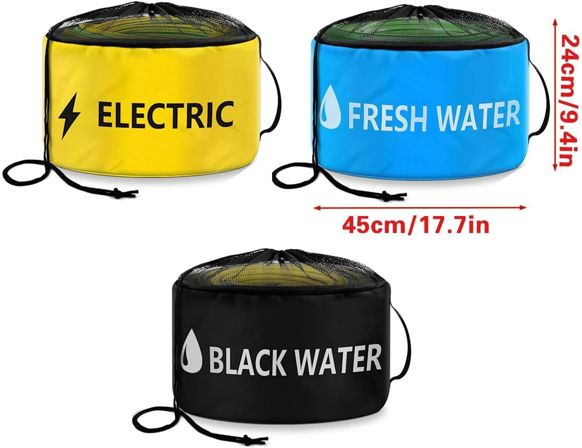 AIMALL RV Waterproof Hose Storage Bag Set 9.45X17.7 Inch Foldable PU Organiser Pouch with Oxford Lining for Water Sewer Power Cables &ndash; Yellow Blue Black Options image number 2