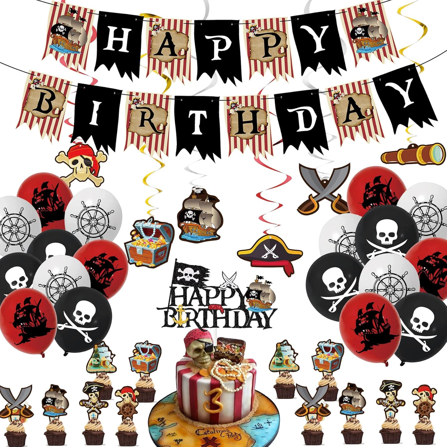 GOGOPARTY Pirate Party Decorations - Happy Birthday Pirate Theme Party Supplies, Balloons Banner Cake Toppers Hanging Swirls Birthday Sets for Adults Kids image number 1