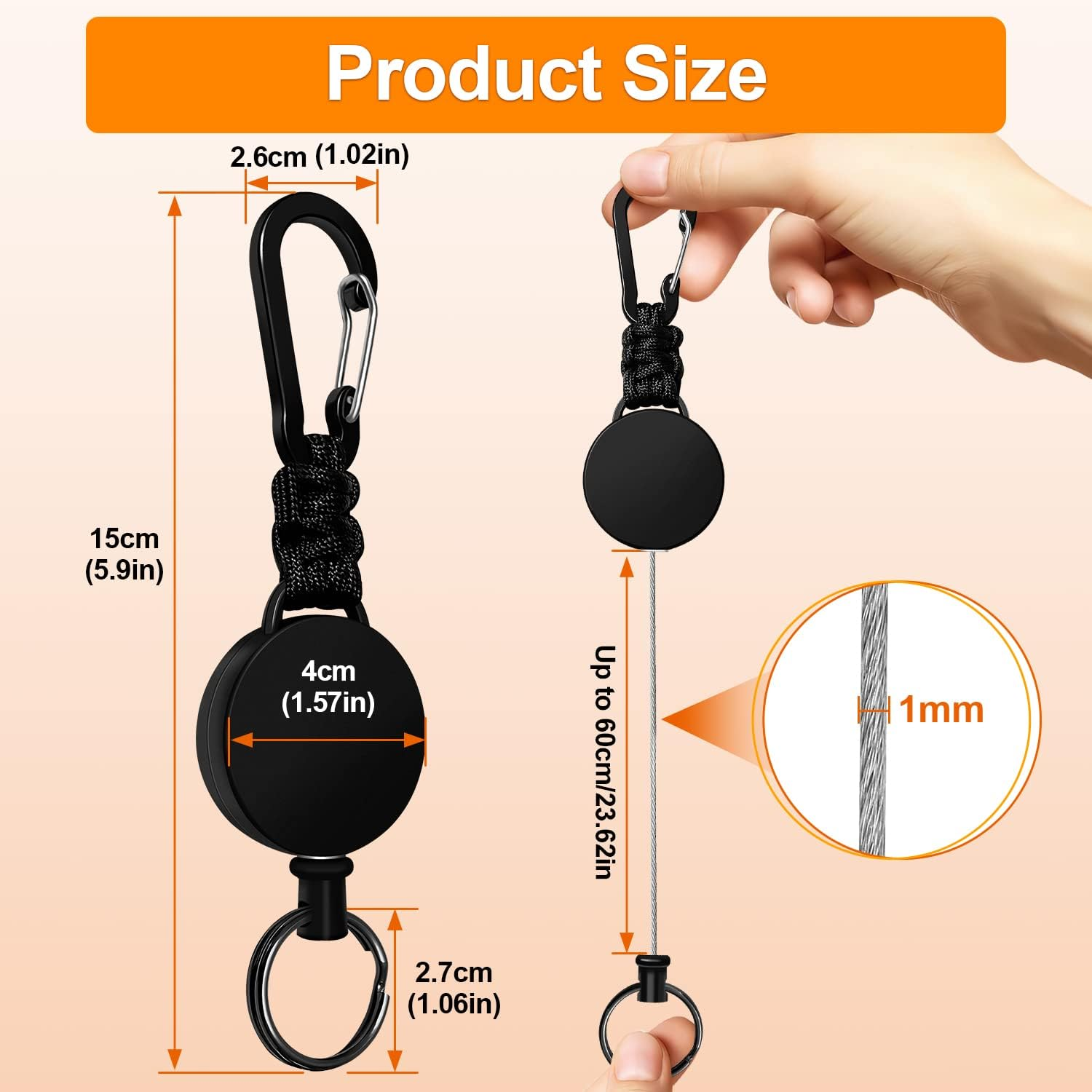 Retractable Keychain 3 Pack Heavy Duty Carabiner Badge Holder Extendable Badge Reel with 60Cm Steel Cord - Black+Orange+Green image number 6