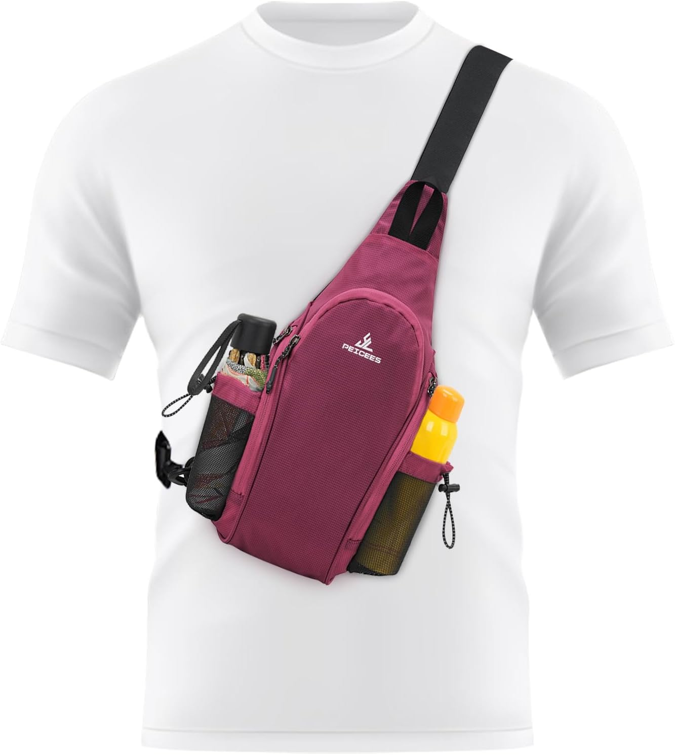 Peicees Small Sling Bag with 2 Bottle Holders, Sling Backpack Crossbody Bag Chest Daypack for Daily Use, Bottle Not Included