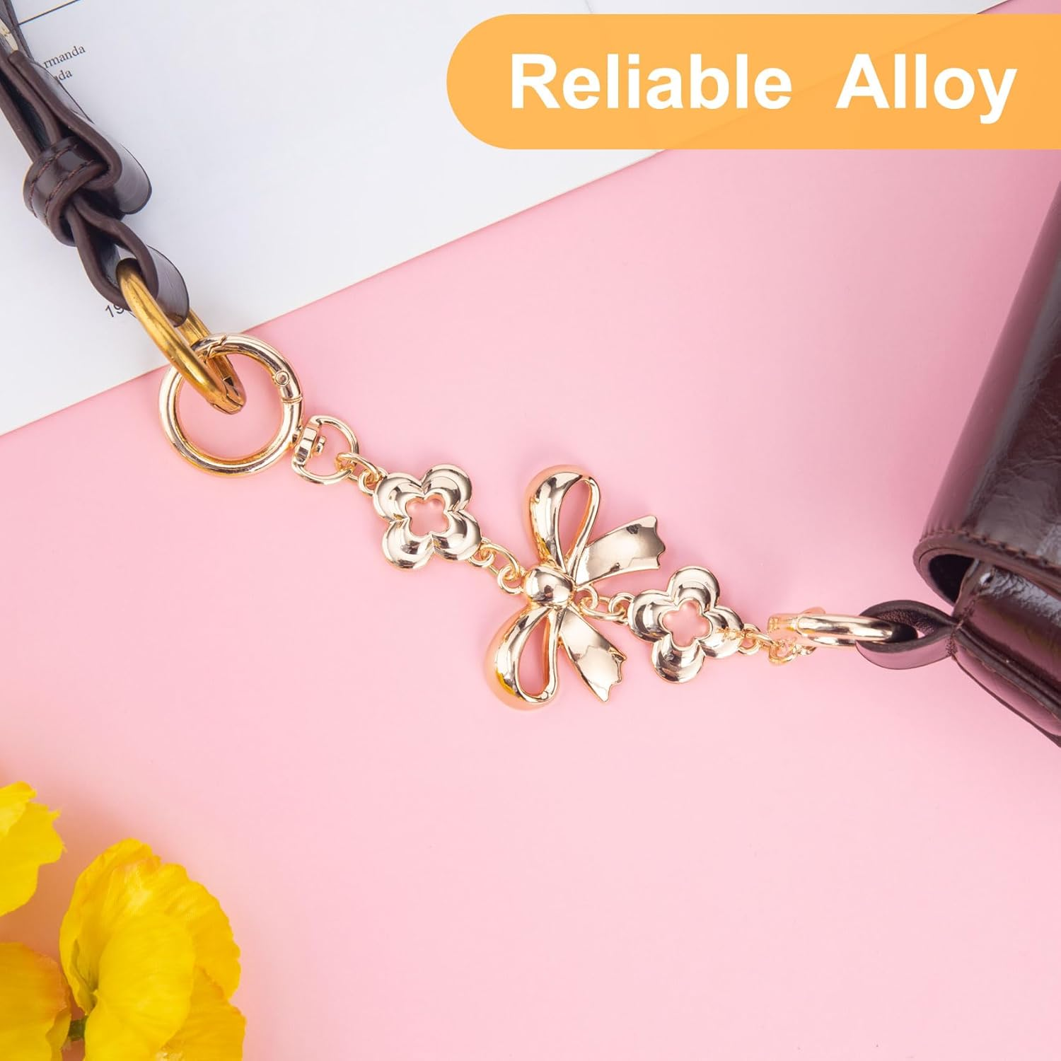 2 Pcs Gold Bow Bag Extender Chain, Metal Pearl Extender Chains, Bow Pattern Purse Strap Replacement, Wallet Extender Chain Decoration for Purses, Bags, Wallet image number 4