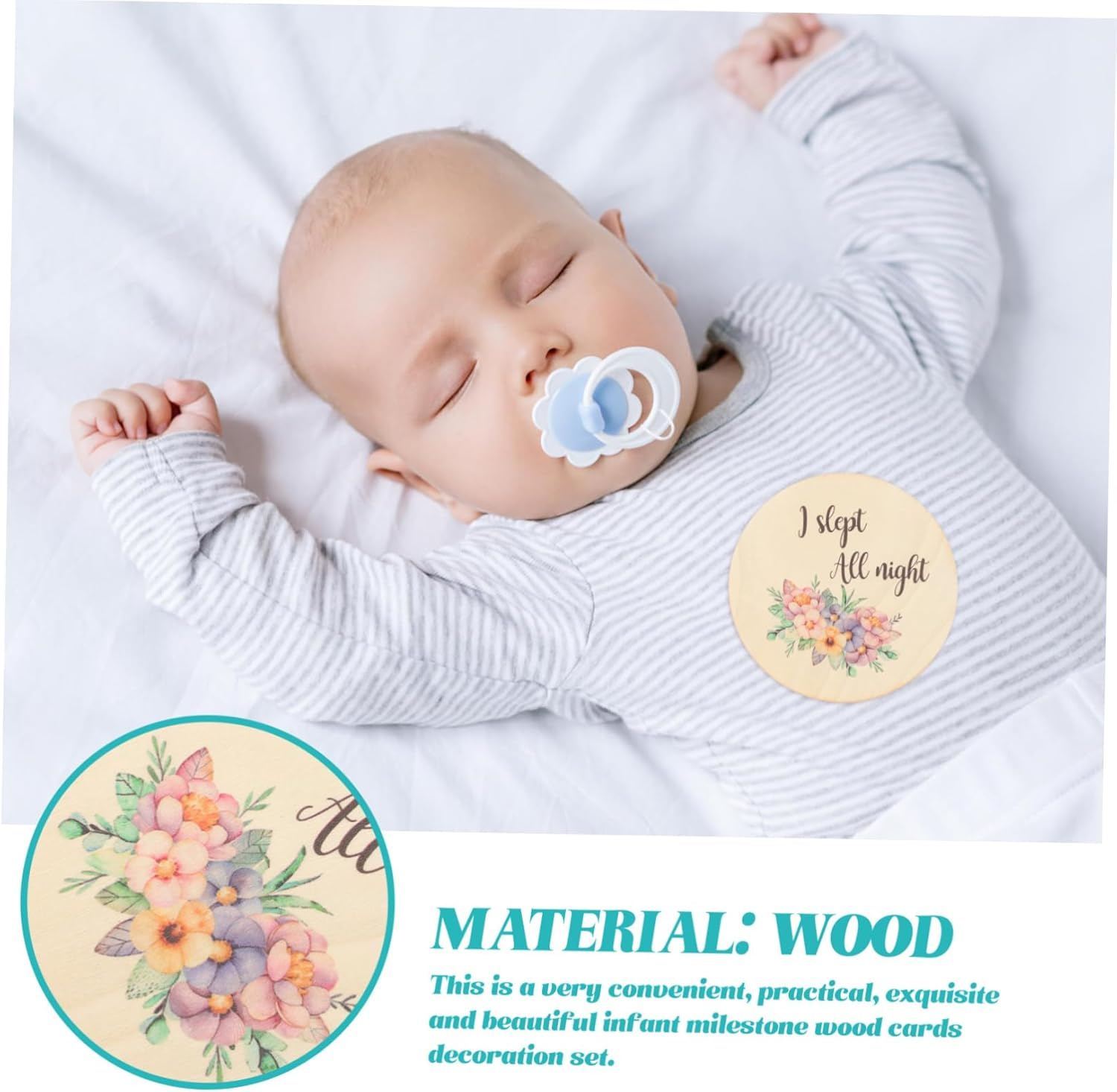 ERINGOGO 1Set Cards Wooden Monthly Growth Signs for Newborn Photo Props Age Discs for Shower Nursery Decor Beautiful Designs to Capture Memories image number 2