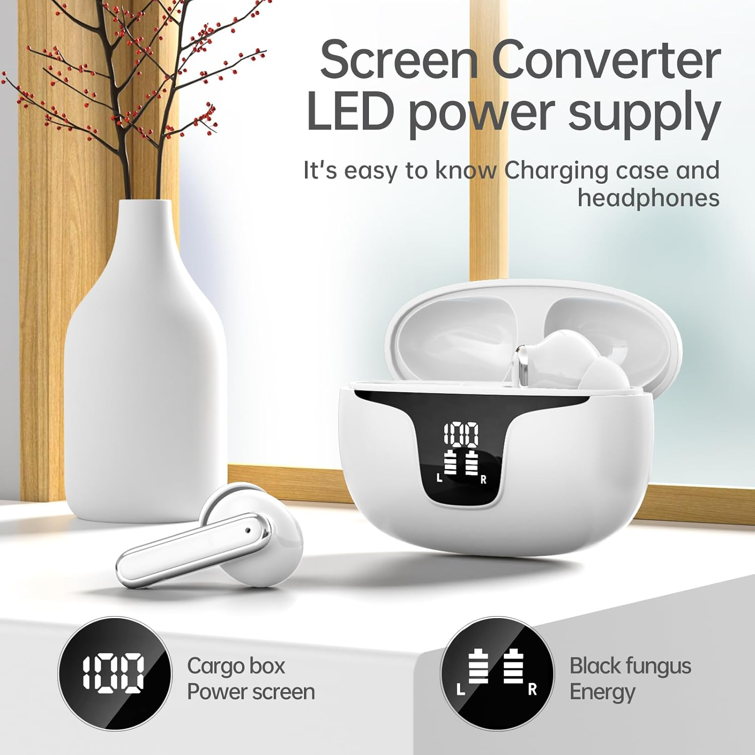 Wireless Earbuds Bluetooth 5.3 Headphones with 4 Noise Cancelling Mics, ANC ENC, Hifi Stereo Sound, LED Power Display, 40H Playtime &ndash; True Wireless Earphones AU (ANC+ENC, White)