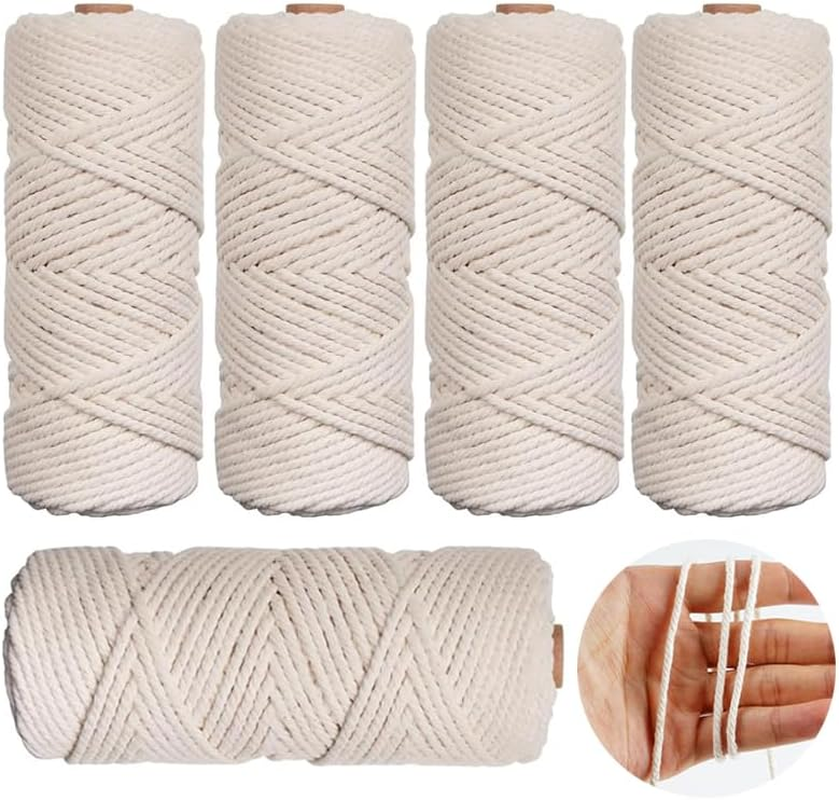 5 Rolls Natural Macrame Cord, Betterjonny 3Mm X 270 Yards Colored Macrame Rope, 4 Strand Twisted Cotton Rope Macrame Yarn, Colorful Cotton Craft Cord for Wall Hanging, Plant Hangers, Knitting, DIY