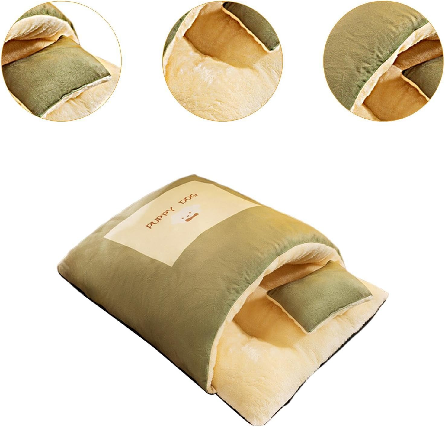 Fewnvwa Pet Bed Cat Sleeping Bag with Warm Pillow Semi-Enclosed Washable Puppy Small Dogs Bag Cave Cute Thermal Cushion For, L Green image number 5