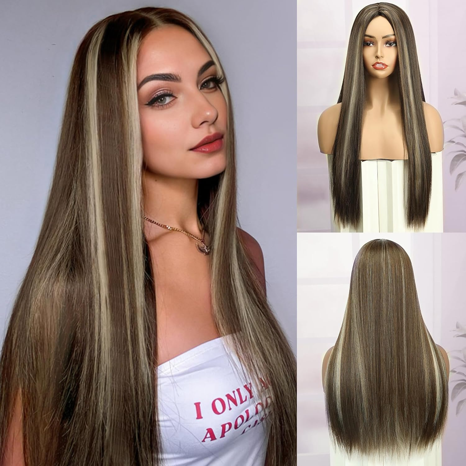 BECUS 24 Inch Long Golden Brown Wigs for Women Highlight Balayage Synthetic Straight Hair Wig for Daily Wear or Cosplay