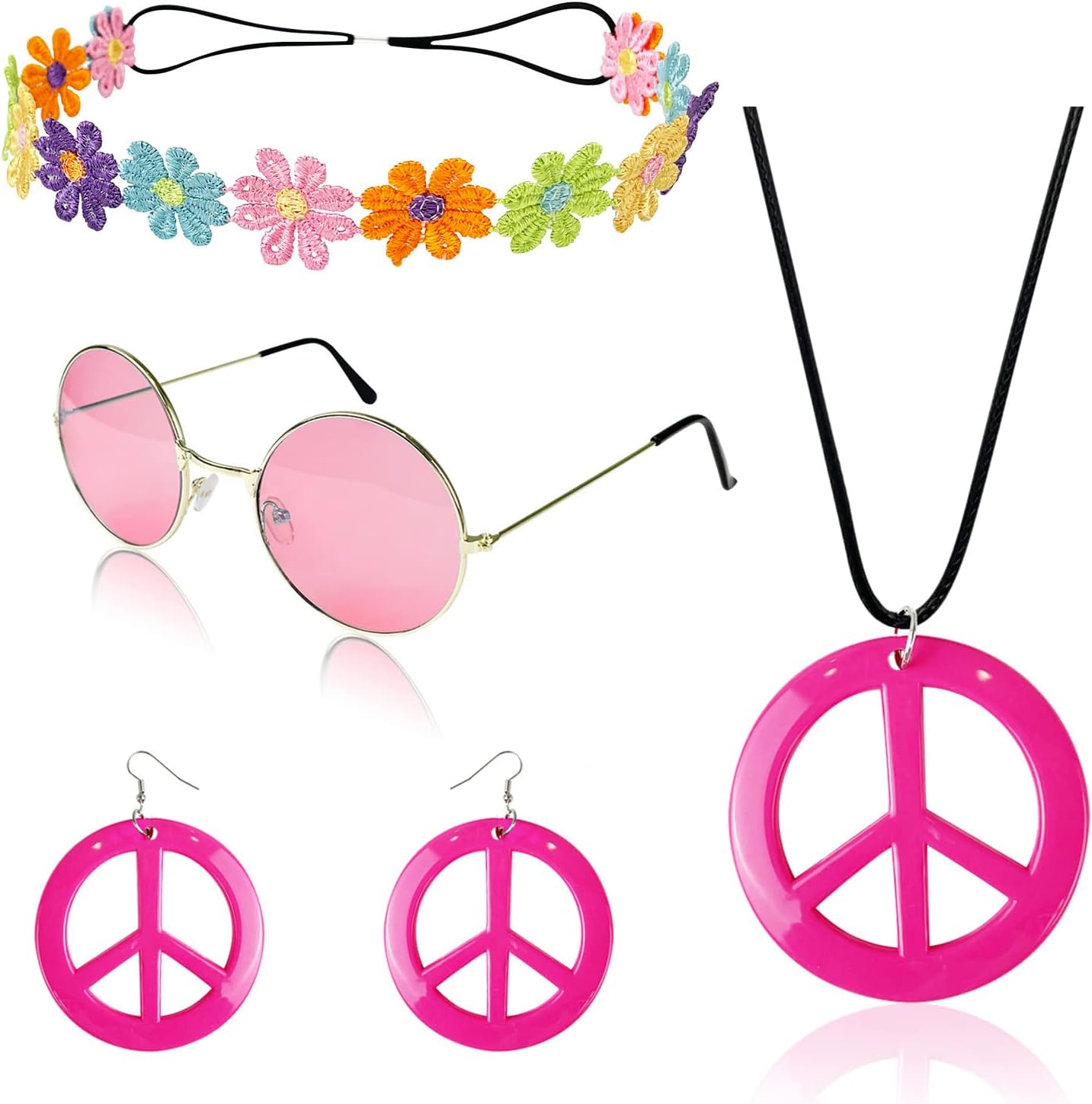 Hippie Costume Set Include Peace Sign Necklace Earrings, Flower Crown Headband and Colored Sunglasses 60S 70S Women Dressing image number 6