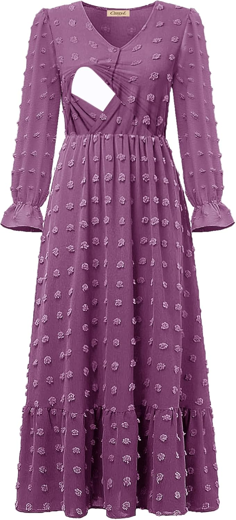 Women Nursing Boho Maxi Dress 2024 V Neck Swiss Dot Smocked High Waisted A-Line Ruffle Tiered Long Dress with Pockets image number 5