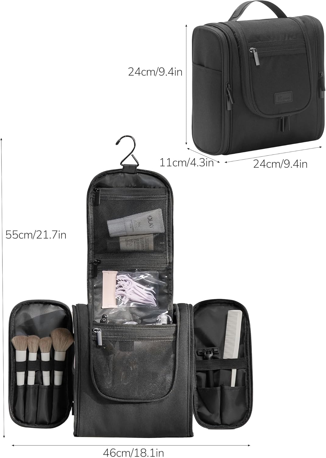 Travel Toiletry Bag for Women and Men, Travel Makeup Bag with Hanging Hook, Large Capacity Water-Resistant Organizer, Cosmetic Bathroom Travel Bag for Toiletries Accessories, Shampoo (Black) - Gray image number 6