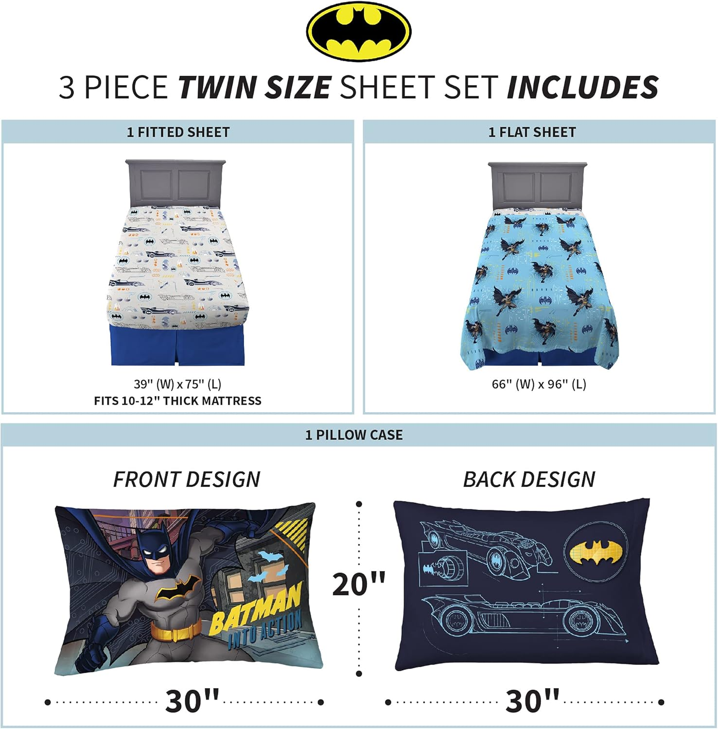 Franco Kids Bedding Super Soft Microfiber Sheet Set, 3 Piece Twin Size, Batman