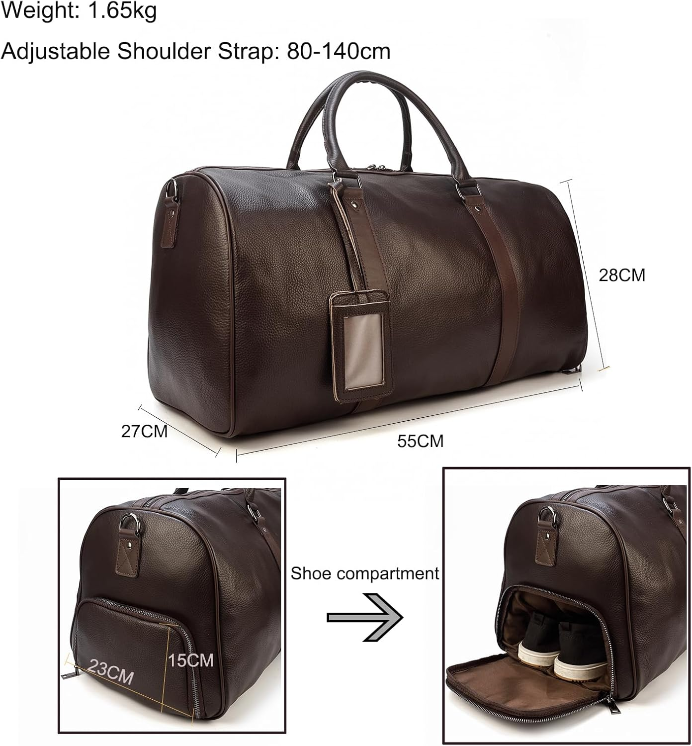 LUUFAN Leather Travel Bag Large Capacity Luggage Duffel Bag with Shoe Compartment, Men Women Weekend Shoulder Bag for Holiday Business Trip, 55Cm-Brown, Retro - 55Cm-Brown image number 6