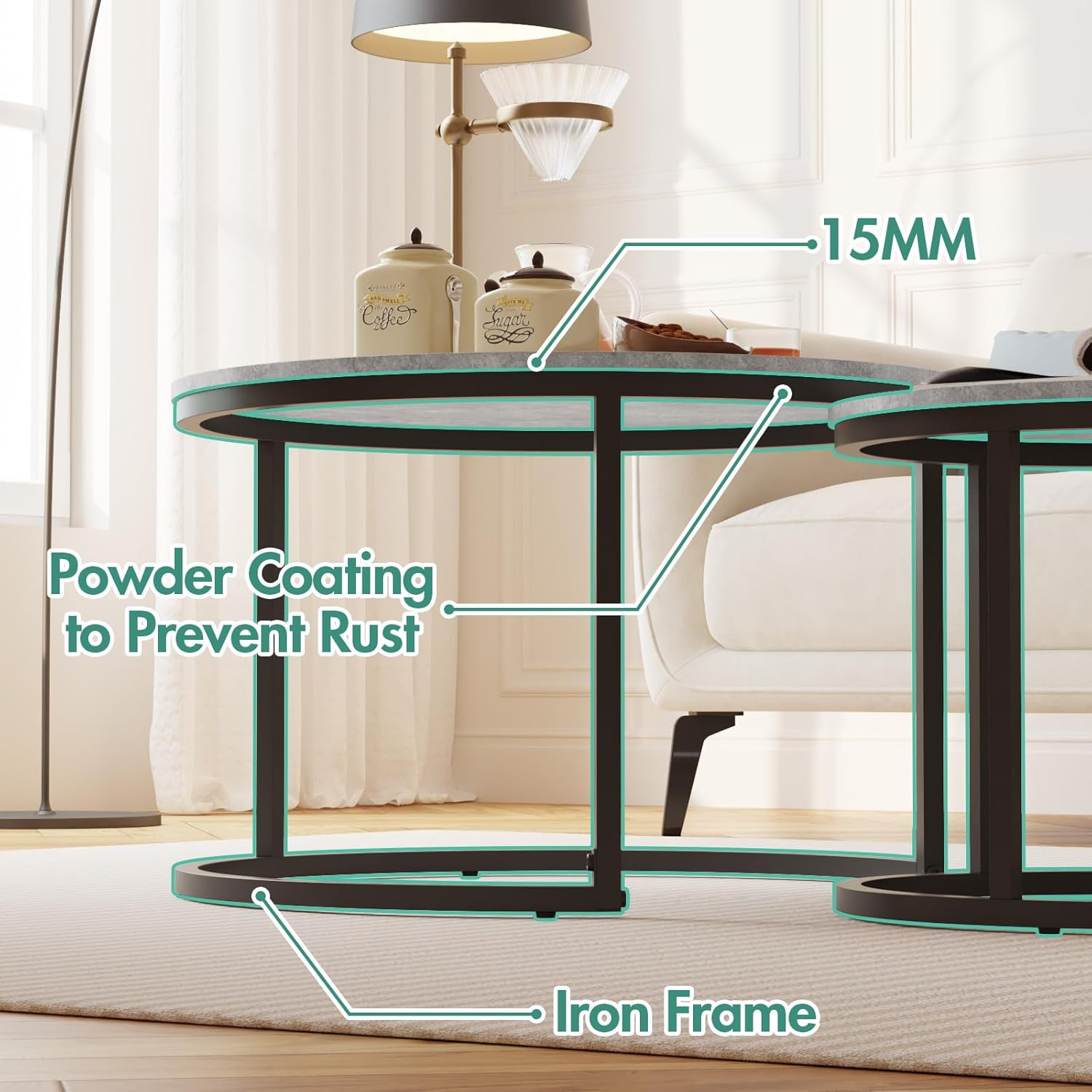 Round Coffee Table, Modern Marble Effect Nesting Table Set of 2 with Metal Frame for Living Room Balcony and Small Space