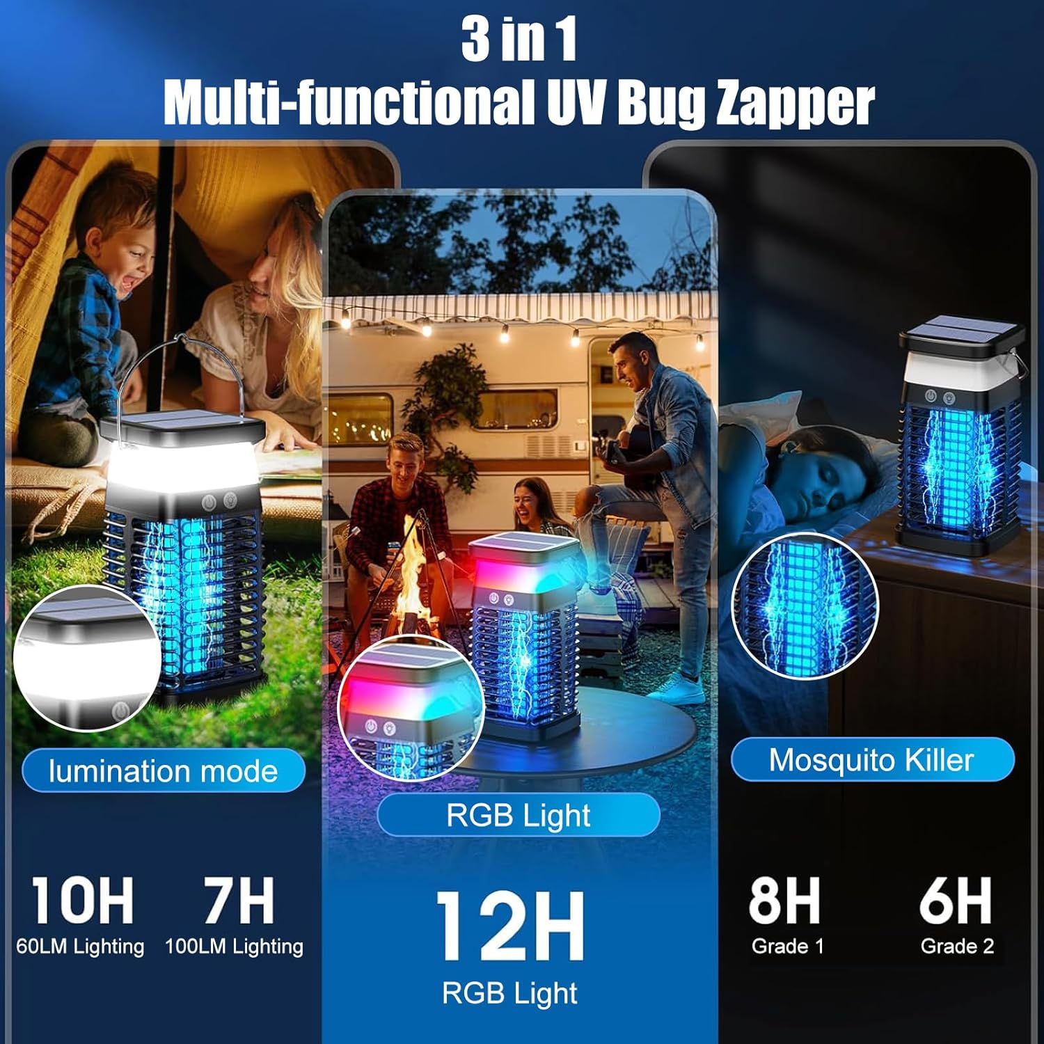 Solar Bug Zapper Electric Mosquito Zapper with Switch & 7 Modes, 4200V Rechargeable Fly Trap Outdoor & Indoor Insect Killer with RGB Light,Panel Sensor&Reading Lamp,Portable Trap Lamp for Garden&Camp image number 2