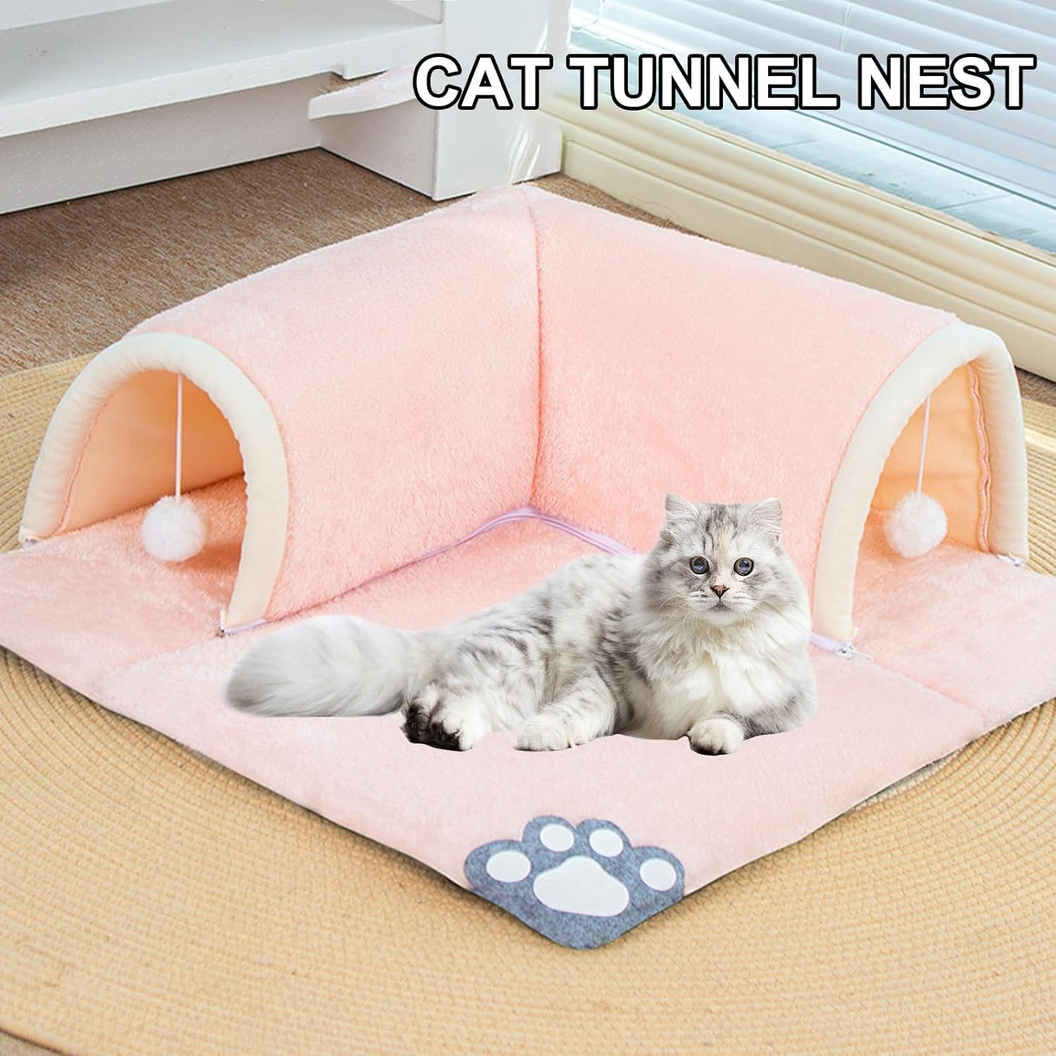 Cat Tunnel Bed, 2-In-1 Cat Play Tunnel with Carpet, Removable Kitten Pet Play Tube - Washable Kitten Cave Mat with Ball Toy, Cat Rug, 50 X 50 Cm (Pink) image number 6