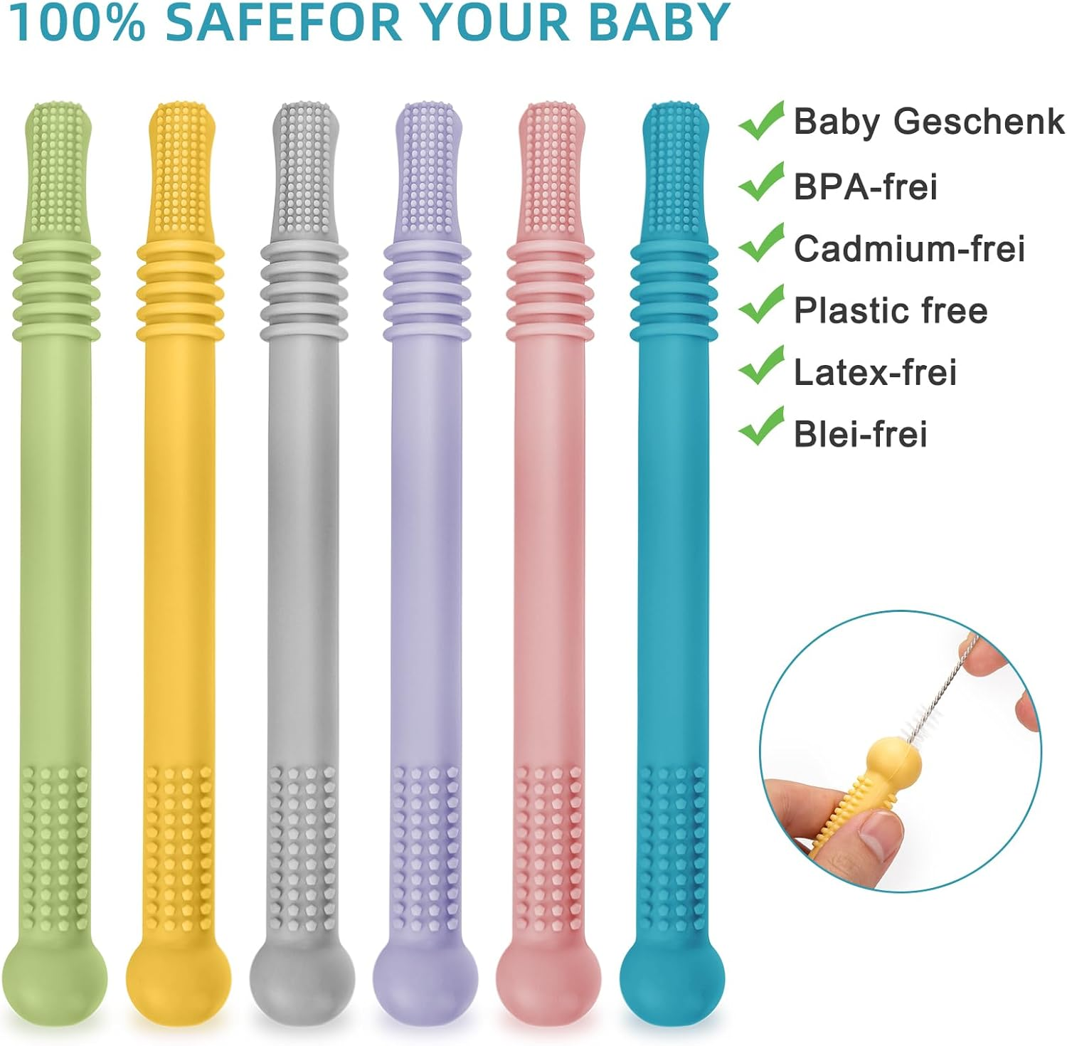 Teething Sticks for Babies 3 Months - Colorful Baby Teether Food Grade Silicone BPA Free Freezable Teethe/Food Safe/Easy to Clean