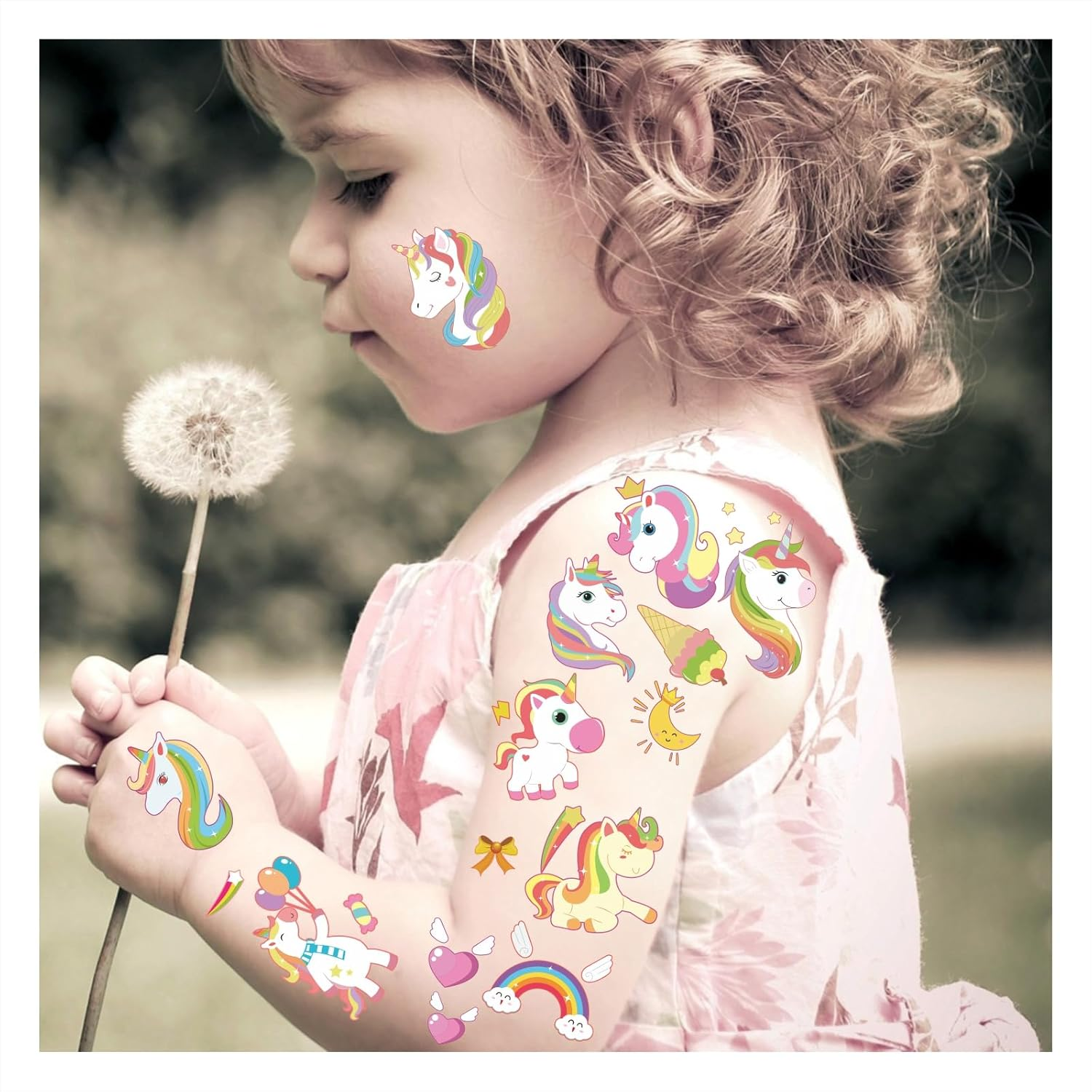 Womaha 12 Sheets Unicorn Temporary Tattoos for Kids Stars Moon Rainbow Balloon Face Tattoos Classroom Activity Performance Props image number 3