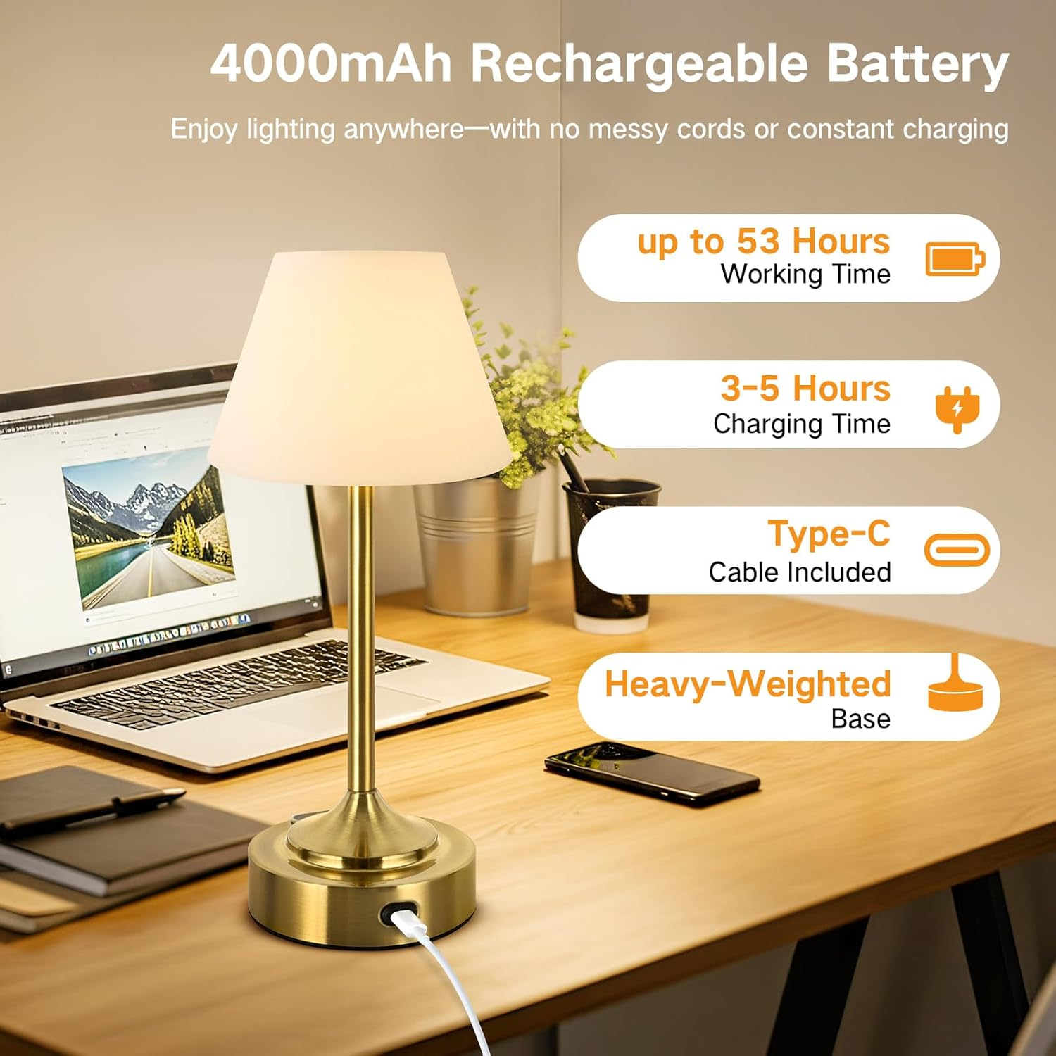 OUTON Rechargeable Cordless Table Lamp, 3 Color Temperatures & Stepless Touch Dimming, Battery Indicator & USB-C, Portable Waterproof Wireless Night Light for Bedroom, Bathroom, Dining, Patio (2Pack) image number 2