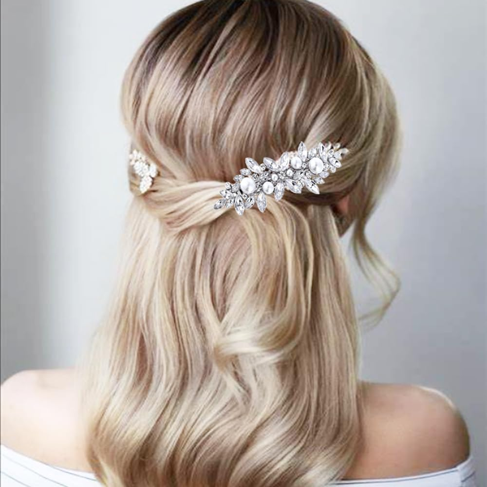 2Pcs Rhinestone Hair Clips, Betterjonny Crystal Pearl Hair Barrettes Flower Sparkle Hairpins French Wedding Prom Hair Clip Barrettes for Women Girls Bridal image number 4