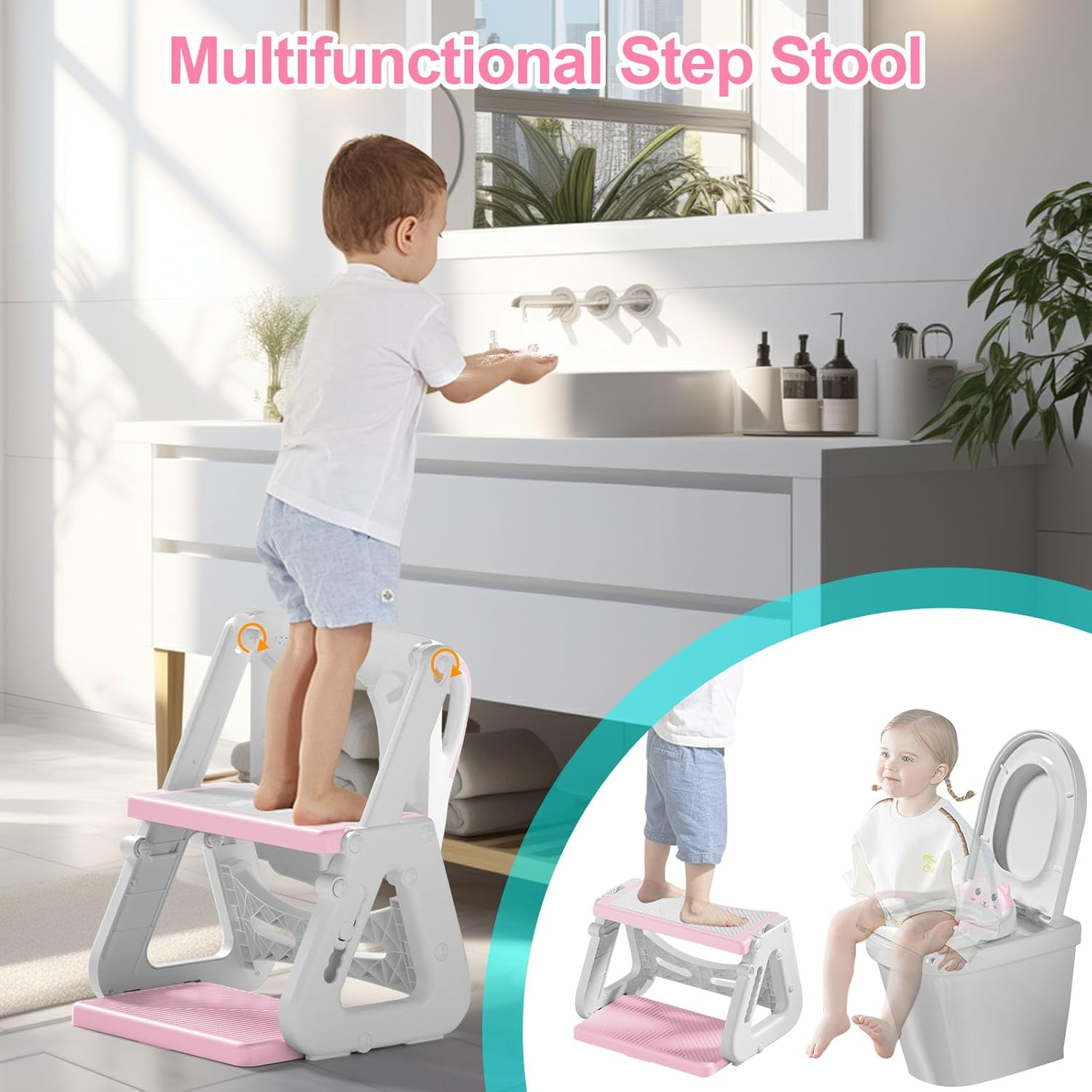 Kakeyrun Potty Training Toilet Seat, Upgrade Toddler Toilet Seat for Boys and Girls, 2-In-1 Potty Training Toilet with Step Stool Ladder Soft Cushioned Seat Splash Guard (Pink) image number 3