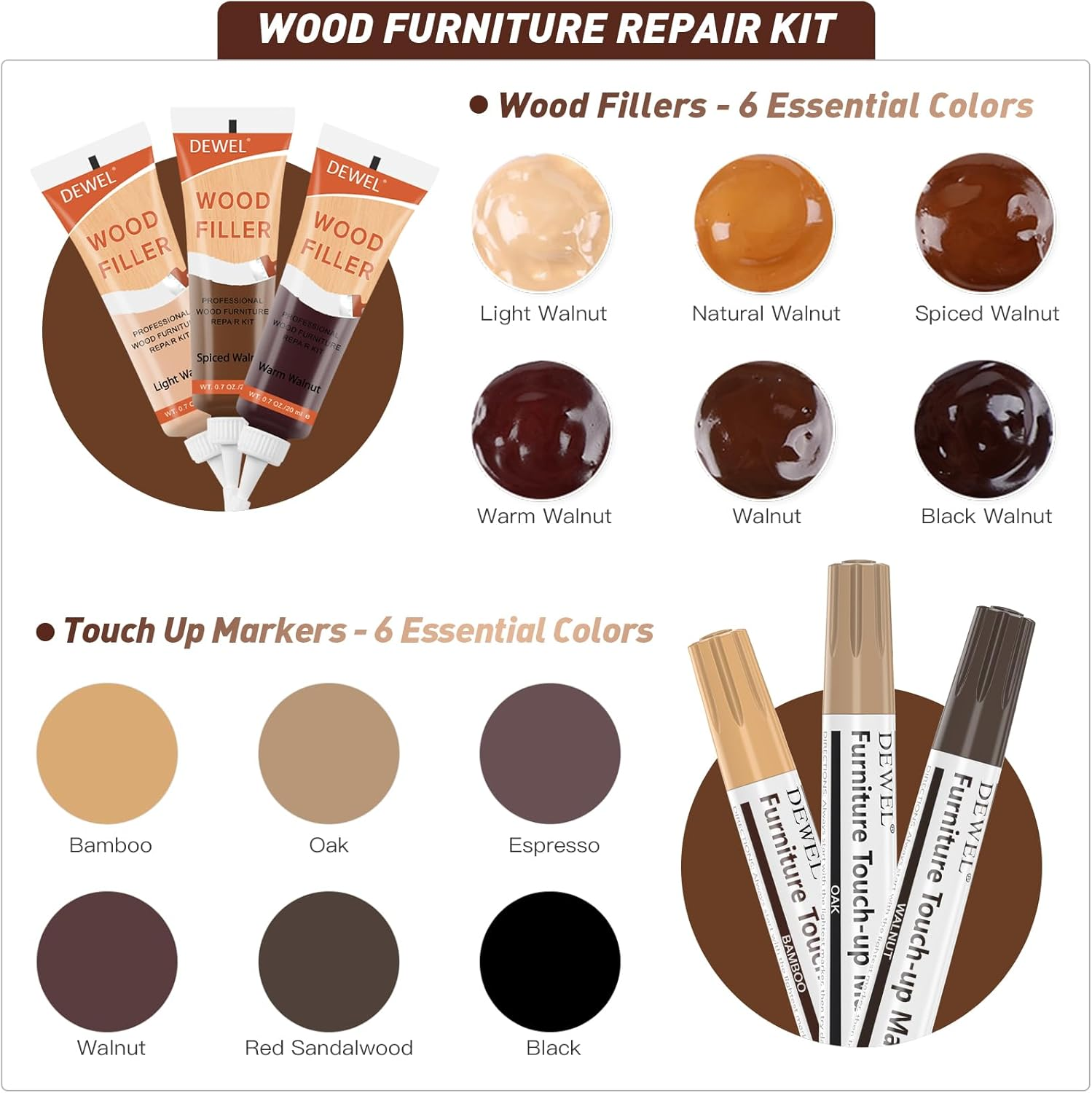 DEWEL Wood Furniture Repair Kit, Walnut Colors Series Furniture Touch up Markers and Wood Fillers, Wood Putty with Wood Polish Wax for Restoring Any Wood, Scratches, Cracks, Wood Floor image number 3