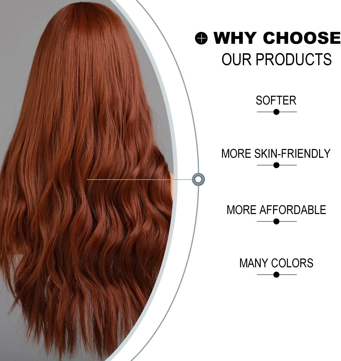 Long Wavy Red Brown Wig Copper Ginger Long Hair Micro Volume Wigs with Natural Wave with Fringe, Natural Looking Synthetic Wig for Daily/Party/Role Play 66 Cm image number 4