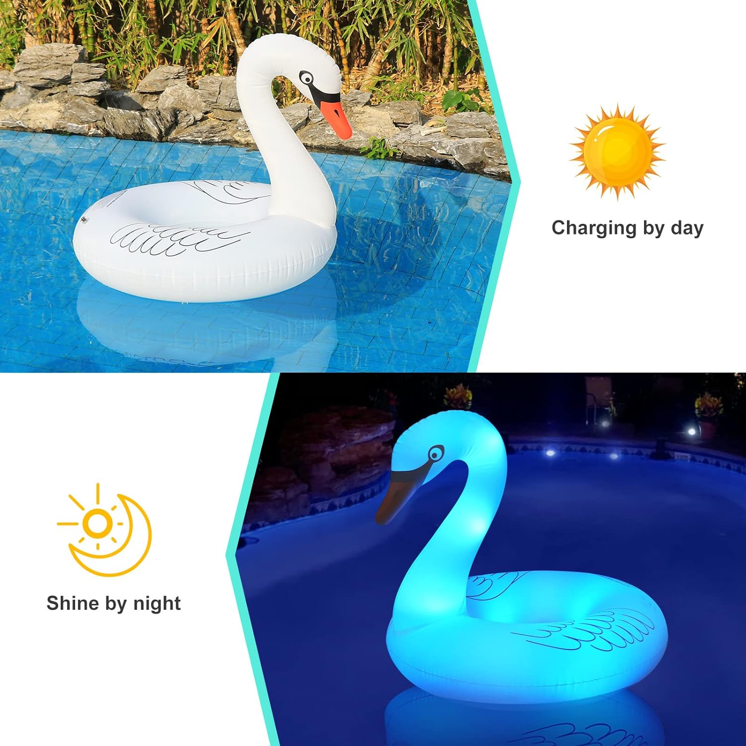 Inflatable Swan Pool Float with Colorful Lights, Flyfreeu Solar Powered LED Color Changing Swan Swim Tube Rings, 42'' Large Pool Beach Floaties Lake and Beach Floaty Summer Pool Raft Lounge for Adults image number 6