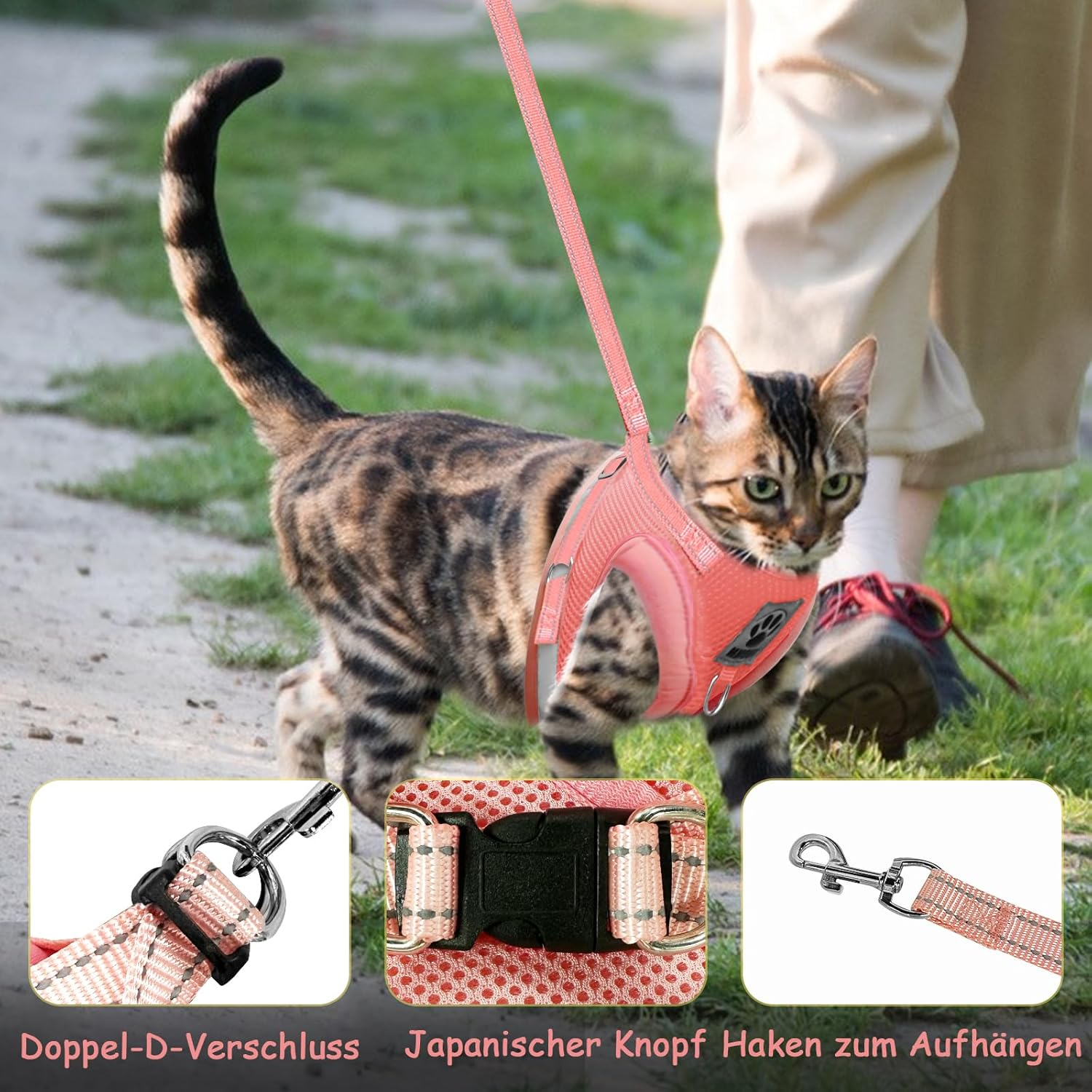 Grantop Cat Lead Set for Cats, Polyester Adjustable Cat Harness with Lead, Cat Vest with Reflective Strips for Kittens, Dogs (Pink, L) image number 3