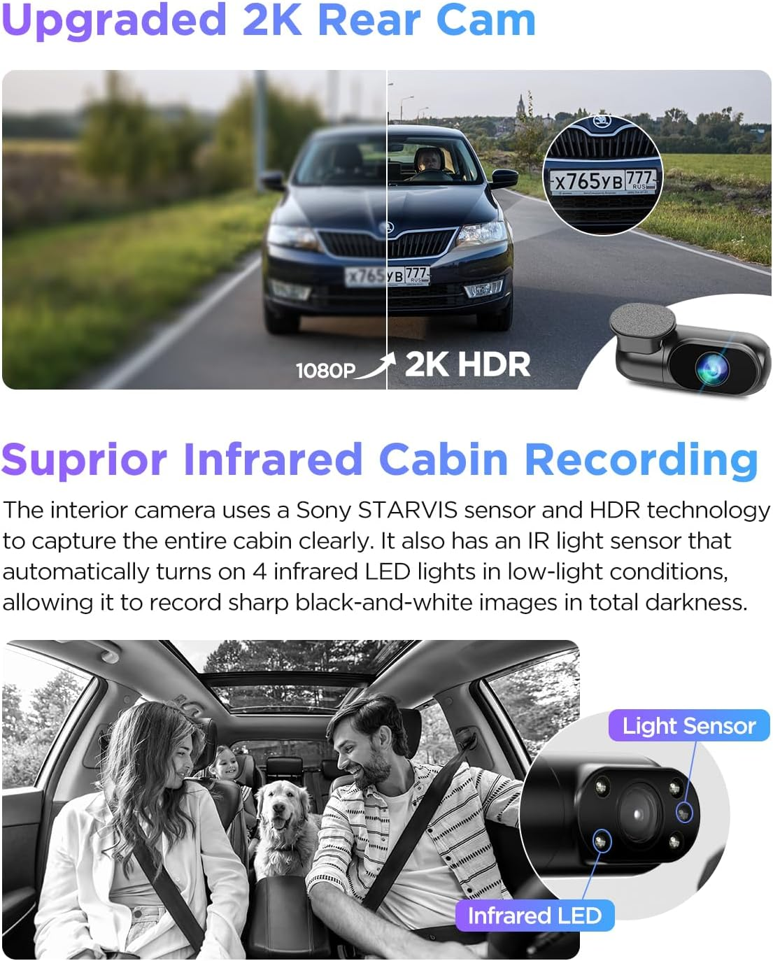 VIOFO A229 Pro 3 Channel 4K HDR Dash Cam, Dual STARVIS 2 Sensors IMX678 & IMX675, 4K+2K+1080P Front inside and Rear Triple Car Camera, 5Ghz Wifi GPS, Voice Control, 24H Parking Mode image number 3