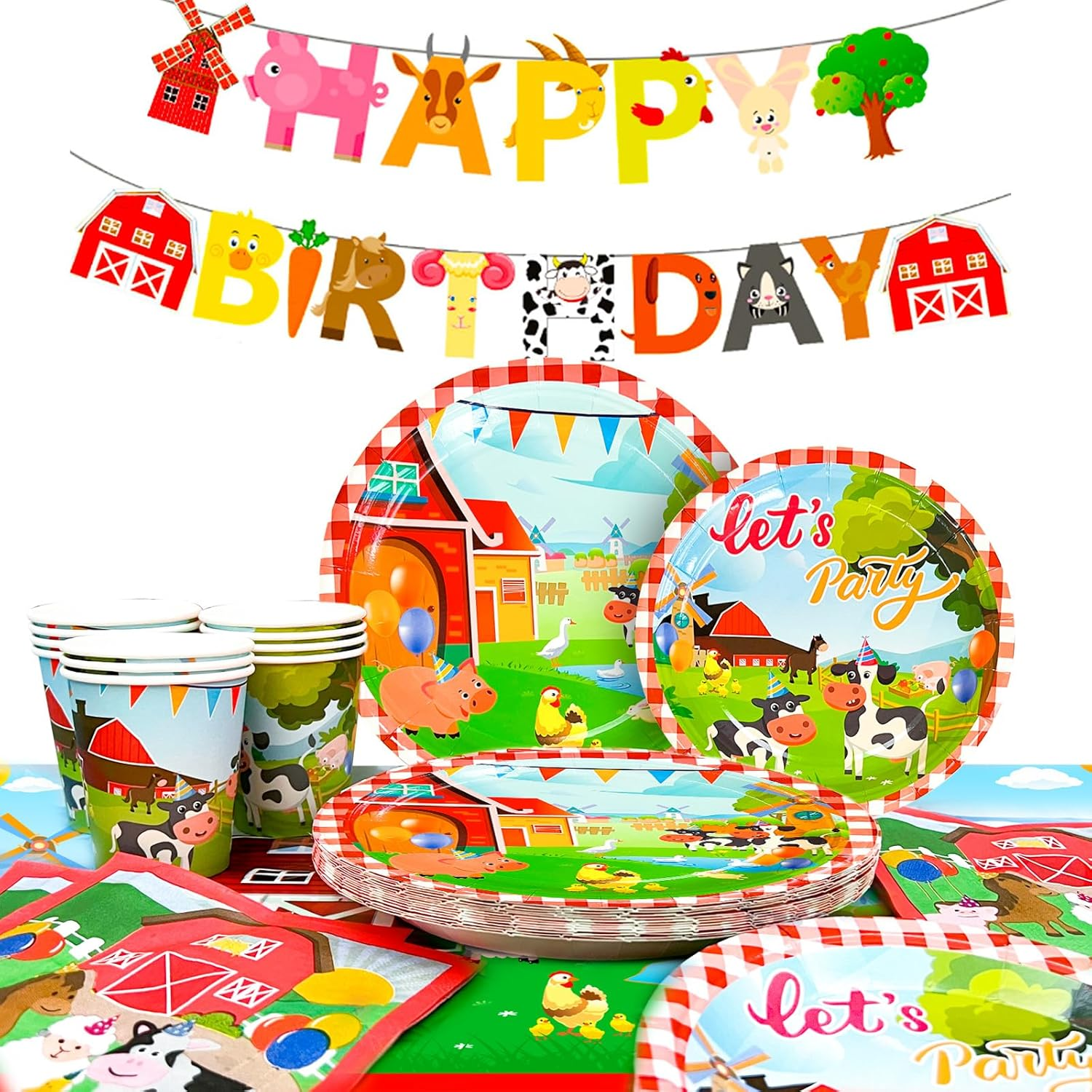 Farm House Fun Barnyard Animals Party Supplies,130Pcs Farm Theme Birthday Decorations Tableware Set-Farm Party Plates Cups Napkins Tablecloth Banner Etc Farm Birthday Party Supplies for Boys/Girls image number 1